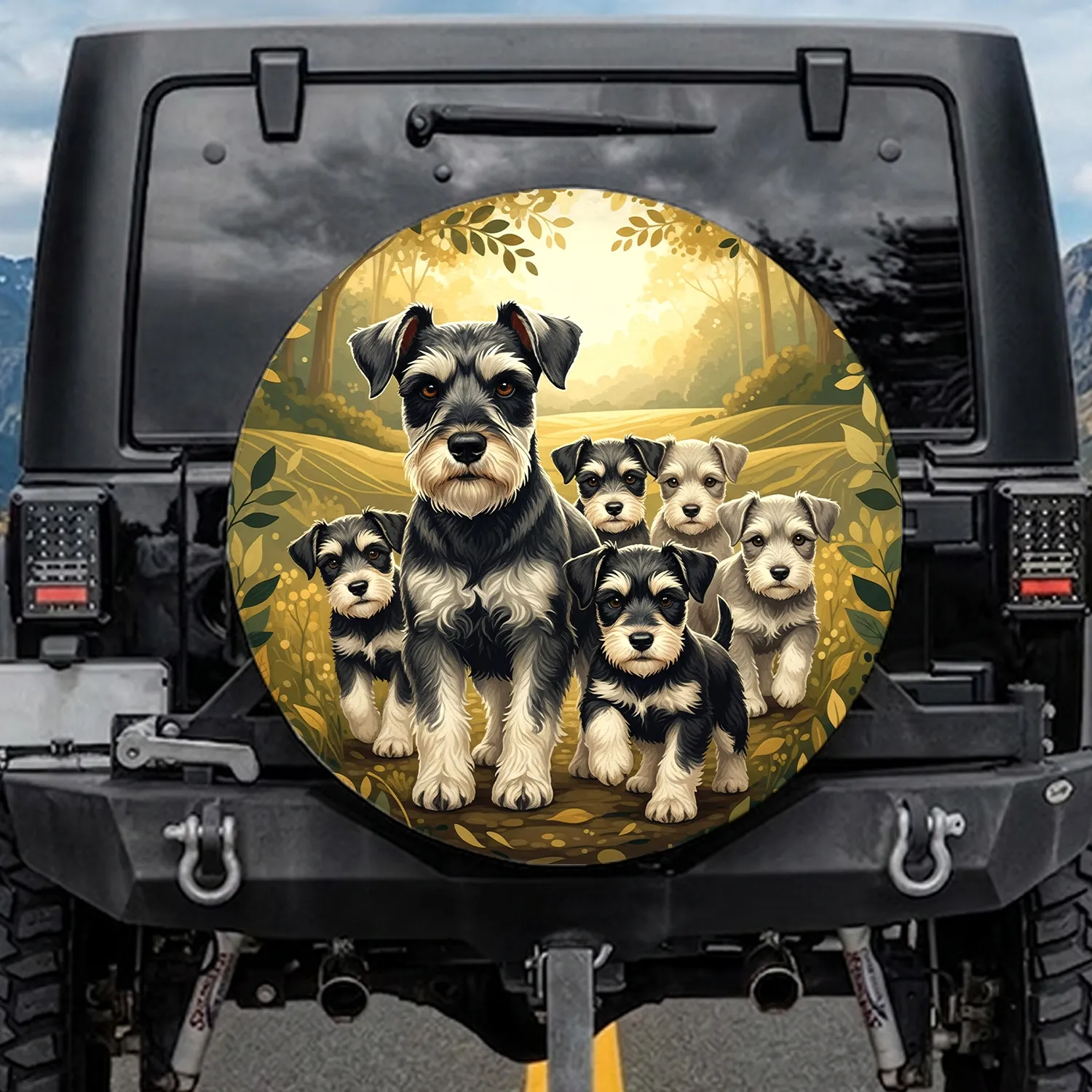 Schnauzer Dog Family Journey Scenic Path - Dog Lover Gift for Travel Spare Tire Cover - 1
