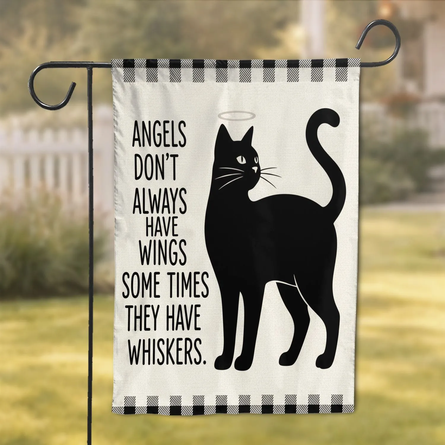 Black Cat Angel Whiskers Buffalo Plaid - Cat Lover Home Decor Gift Garden Flag - 1