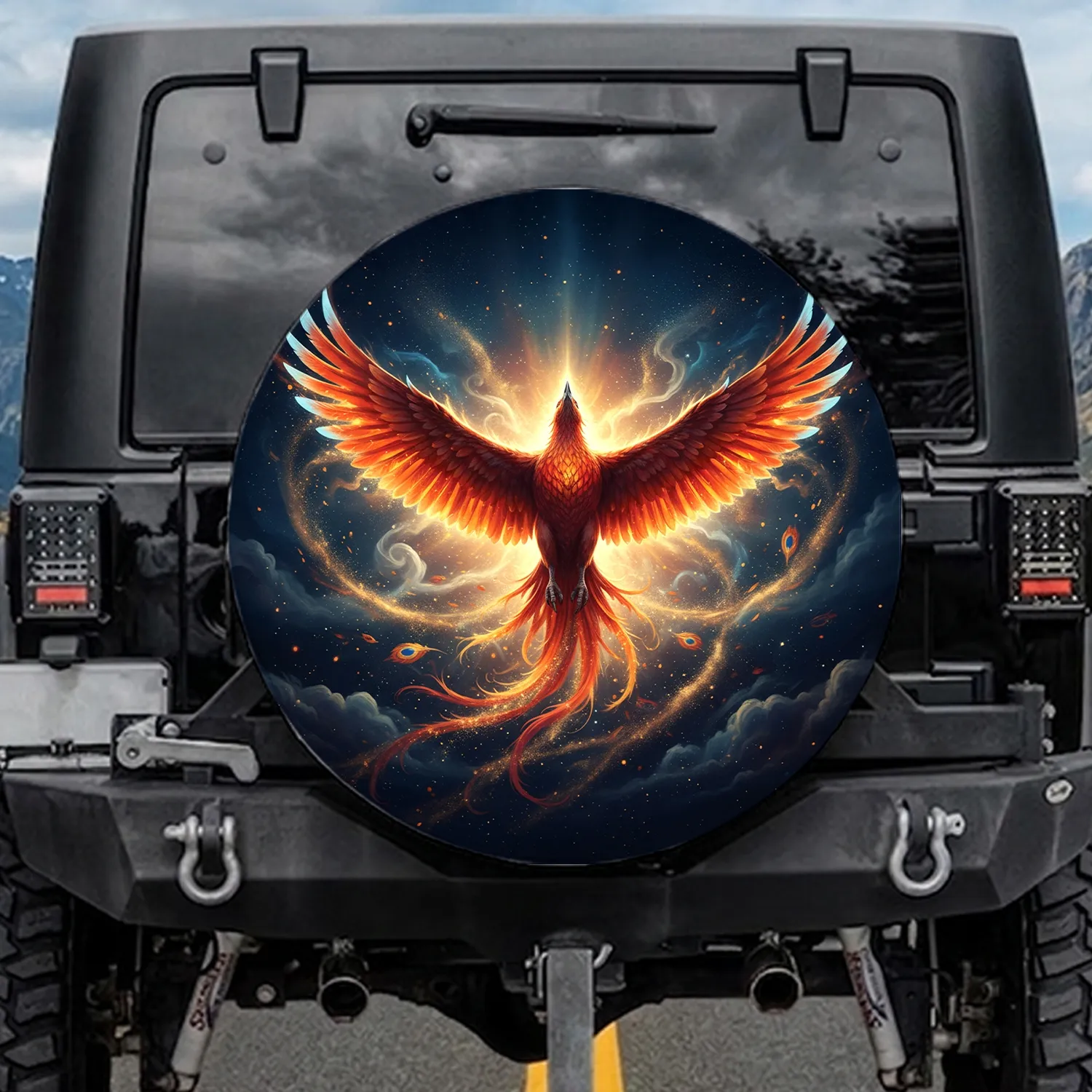 Fiery Orange Red Phoenix Ascending Cosmic Stars - Fantasy Decor Mythic Creature Lover Gift Spare Tire Cover - 1