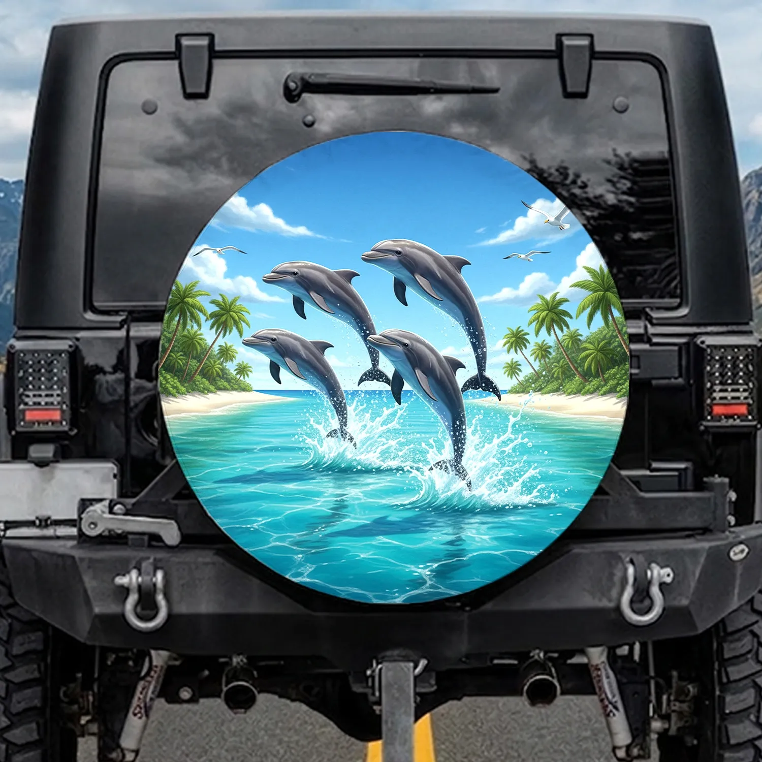 Leaping Bottlenose Dolphins Ocean Waves Tropical Island Palm Trees - Wildlife Lover Gift Spare Tire Cover - 1