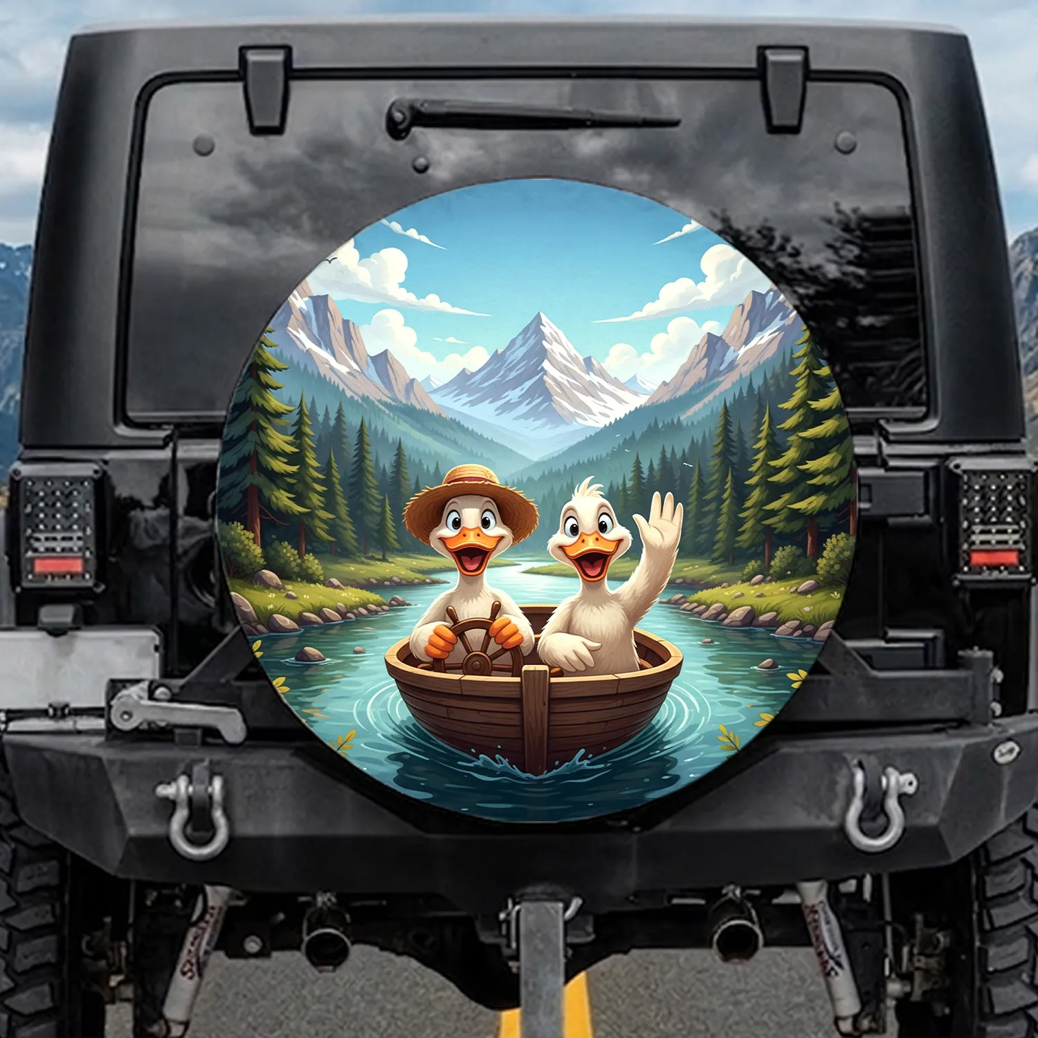 Anthropomorphic Cheerful Ducks Rustic Boat River Mountain Landscape - Outdoor Adventure Gift Spare Tire Cover - 1