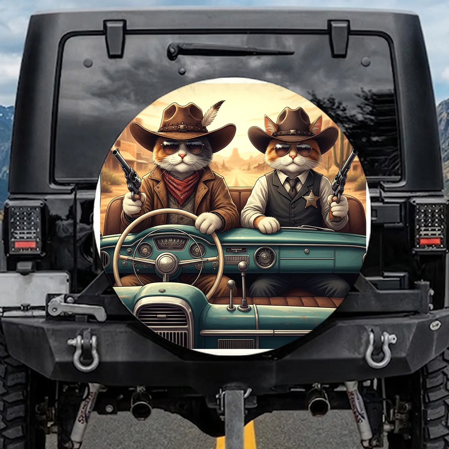 Cool Cowboy Cat Sheriff Cat Vintage Car Western Road Trip Gift for Cat Lovers Spare Tire Cover - 1