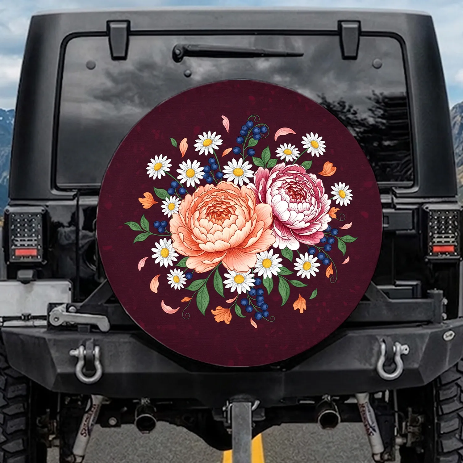 Deep Burgundy Lush Peony Daisy Berry Foliage Floral - Outdoor Lifestyle Gift Spare Tire Cover - 1