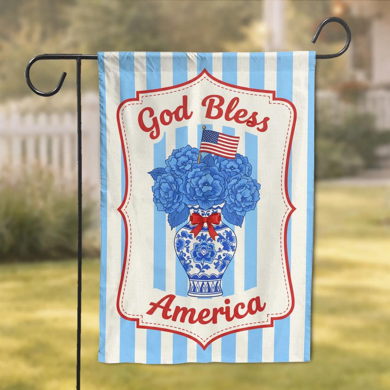 God Bless America Vase Hydrangea American Flag - Patriotic Home Decor Gift Garden Flag - 1