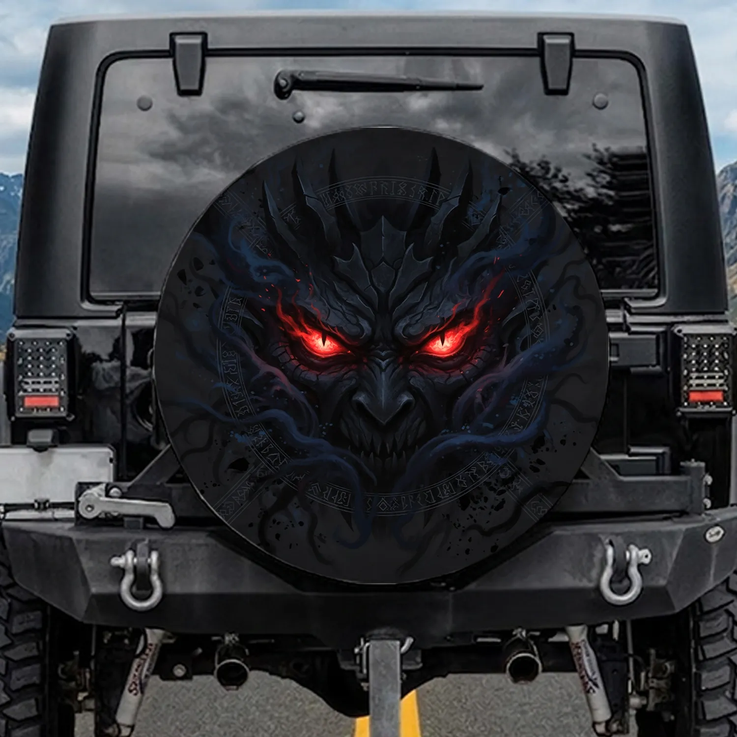 Glowing Demonic Eyes Scowling Monstrous Head - Foreboding Vehicle Accessory Spare Tire Cover - 1