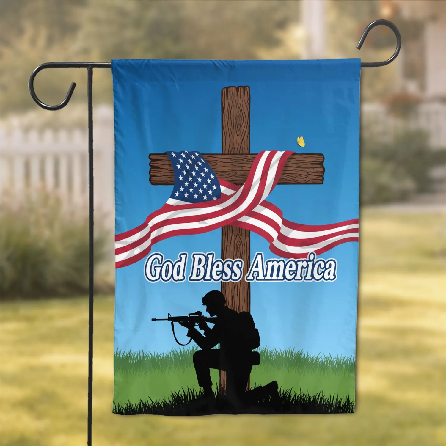 God Bless America Cross American Flag Soldier - USA 250th Anniversary 1776-2026 Garden Flag - 1