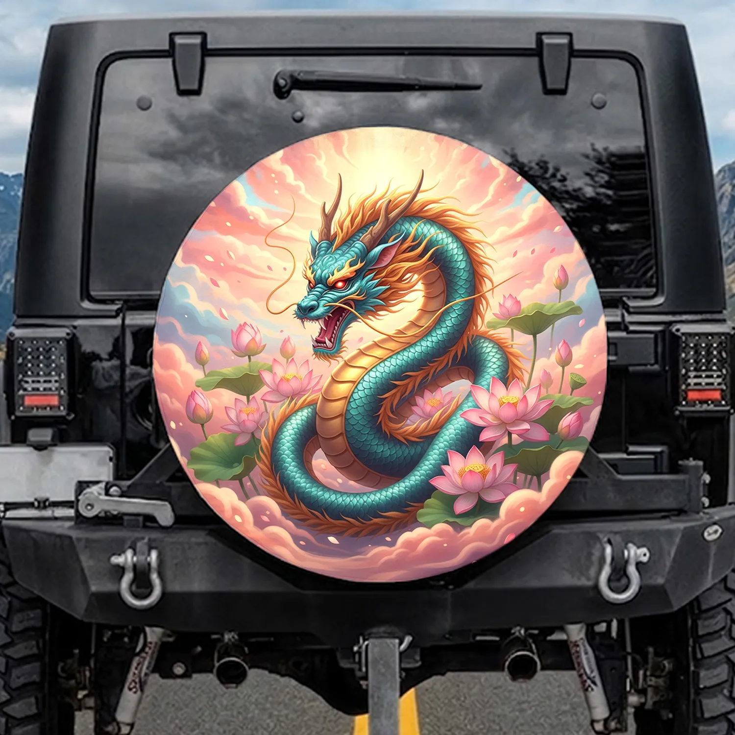 Roaring Teal Gold Eastern Celestial Dragon Pink Lotus - Gift for Dragon Lover Spare Tire Cover - 1