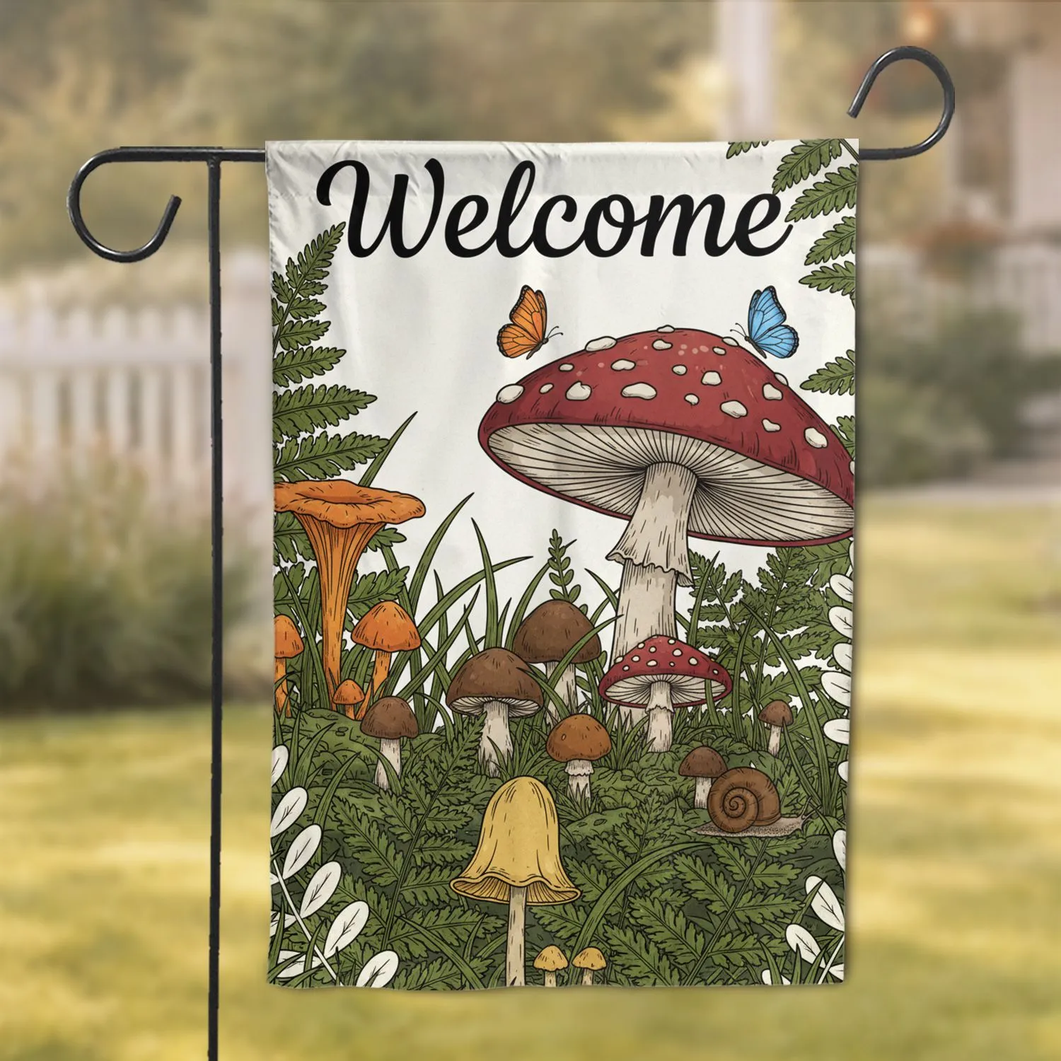 Welcome Text Woodland Floor Mushrooms Ferns Butterflies Snail Scene - Home Decor Gift Garden Flag - 1