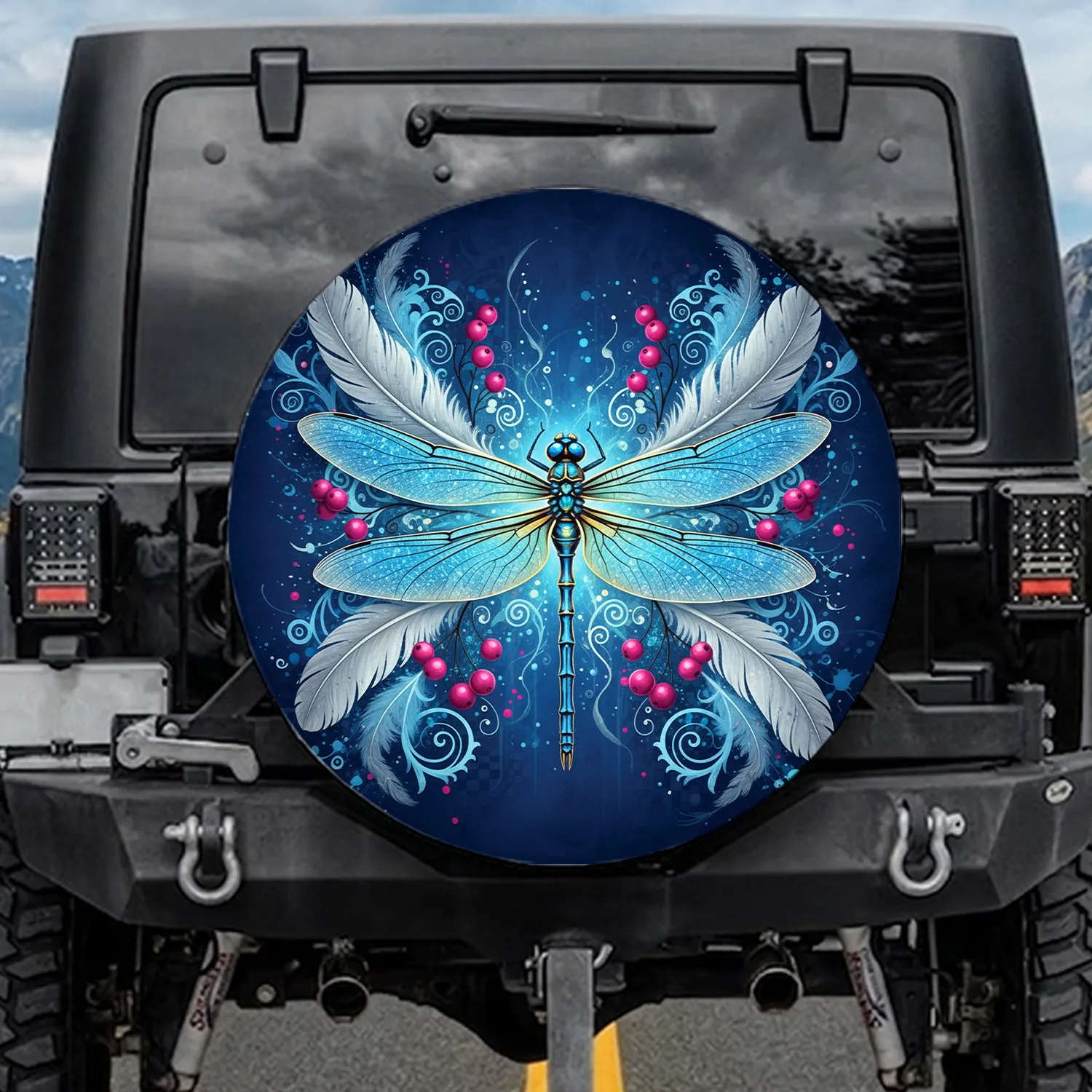 Glowing Blue Dragonfly Feathers Berries Swirls Splatters - Wildlife Lover Gift Spare Tire Cover - 1