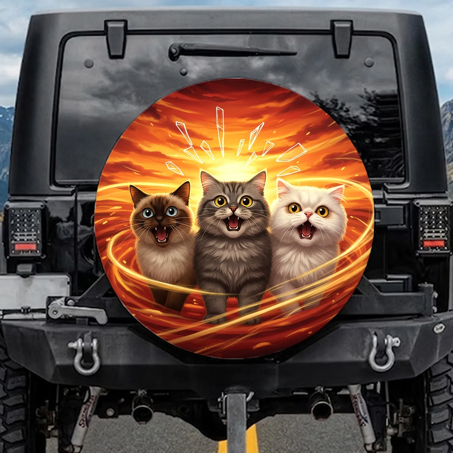 Startled Siamese Tabby Persian Cats Fiery Sunset - Cat Lover Travel Spare Tire Cover - 1