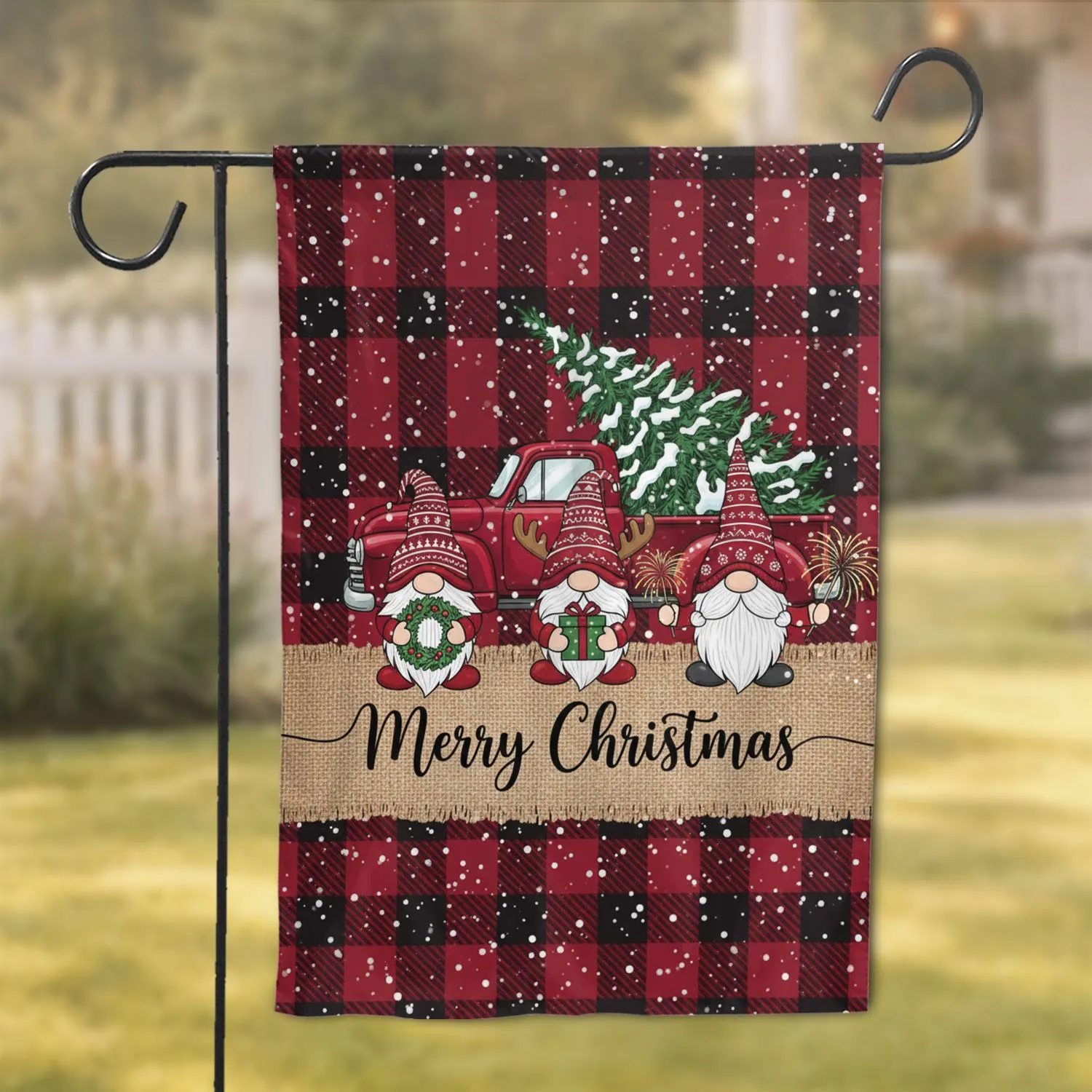 Christmas Gnomes Red Pickup Truck Buffalo Plaid - Holiday Home Decor Garden Flag - 1
