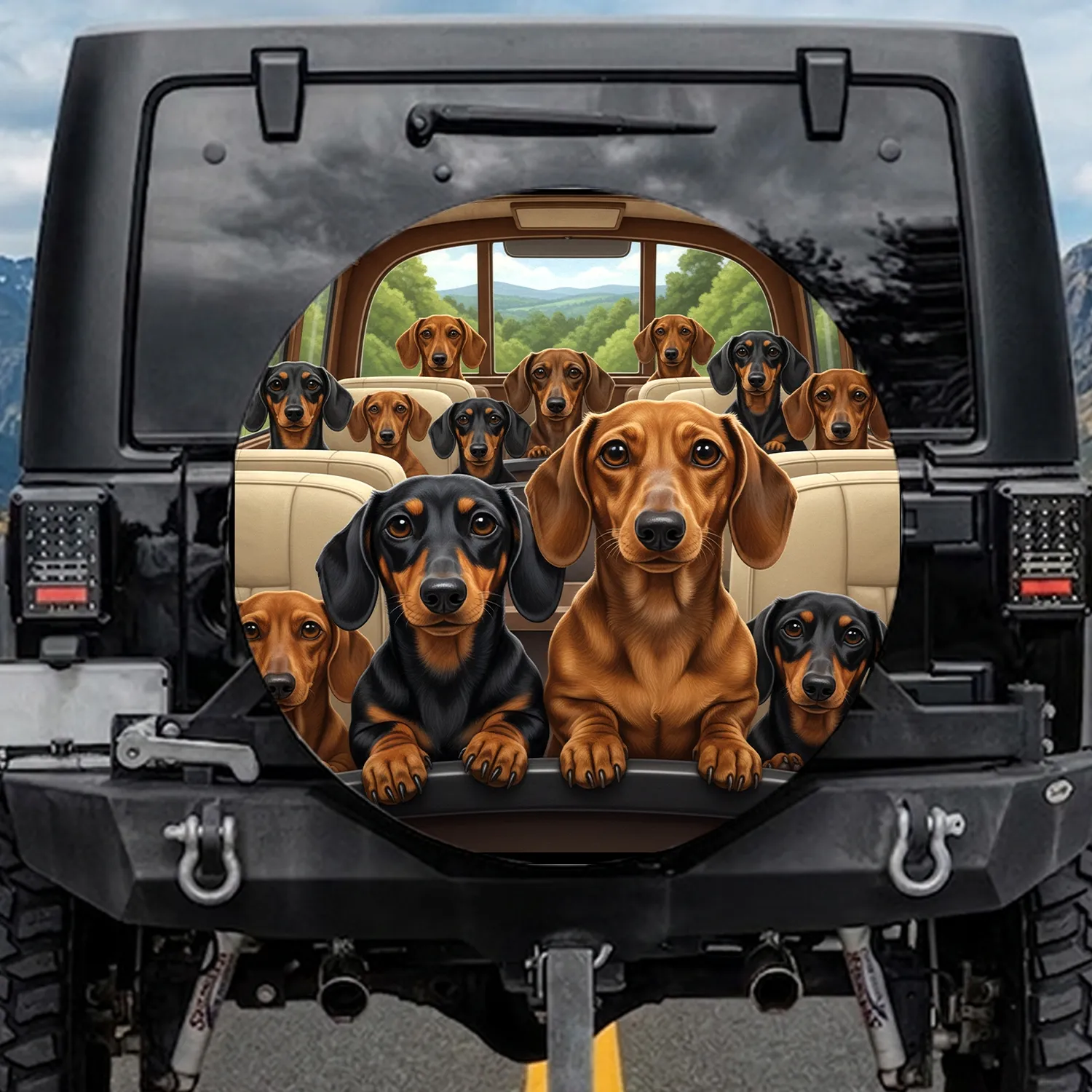 Diverse Dachshund Dog Pack Natural Landscape - Dog Lover Gift Spare Tire Cover - 1