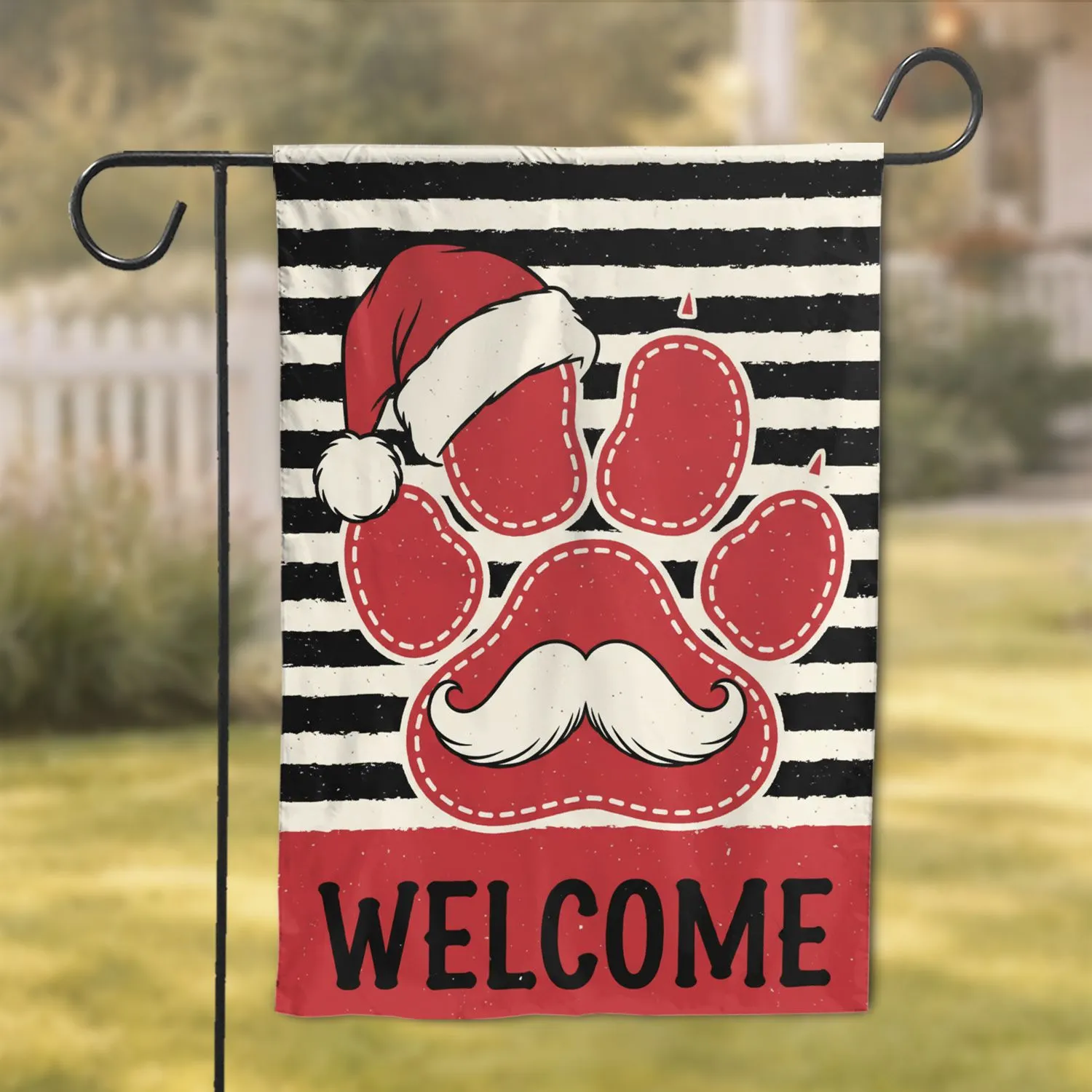 Paw Print Santa Hat Welcome Sign - Christmas Holiday Entryway Decor Garden Flag - 1
