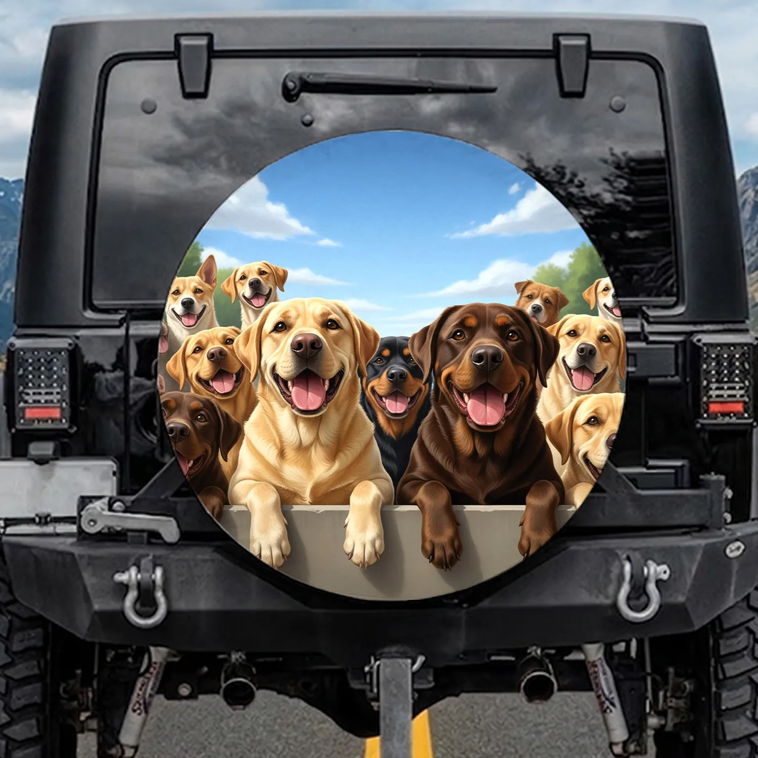 Diverse Dogs Labradors Rottweiler Clear Sky Wispy Clouds Foliage - Pet Lover Gift Spare Tire Cover - 1
