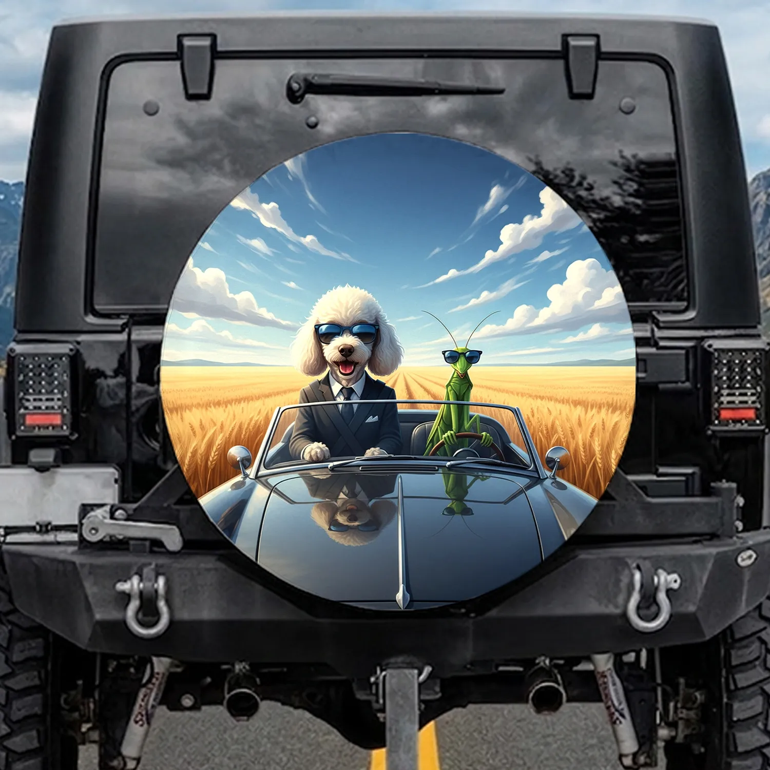 Confident Poodle Mantis Drivers Golden Wheat Field - Open Road Adventure Gift Spare Tire Cover - 1
