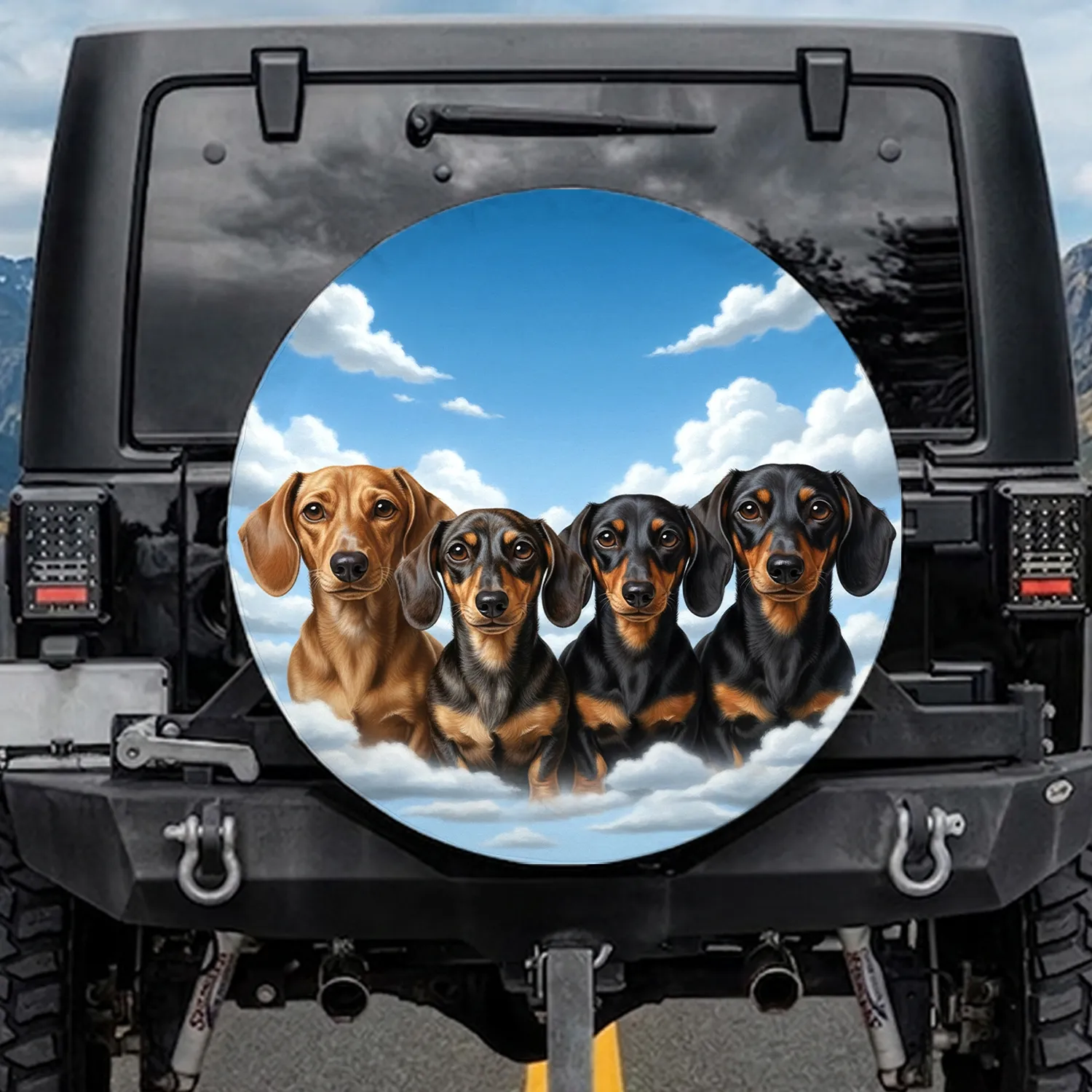 Dachshunds Group Portrait Fluffy White Clouds Blue Sky - Dog Lover Gift for Owners Spare Tire Cover - 1