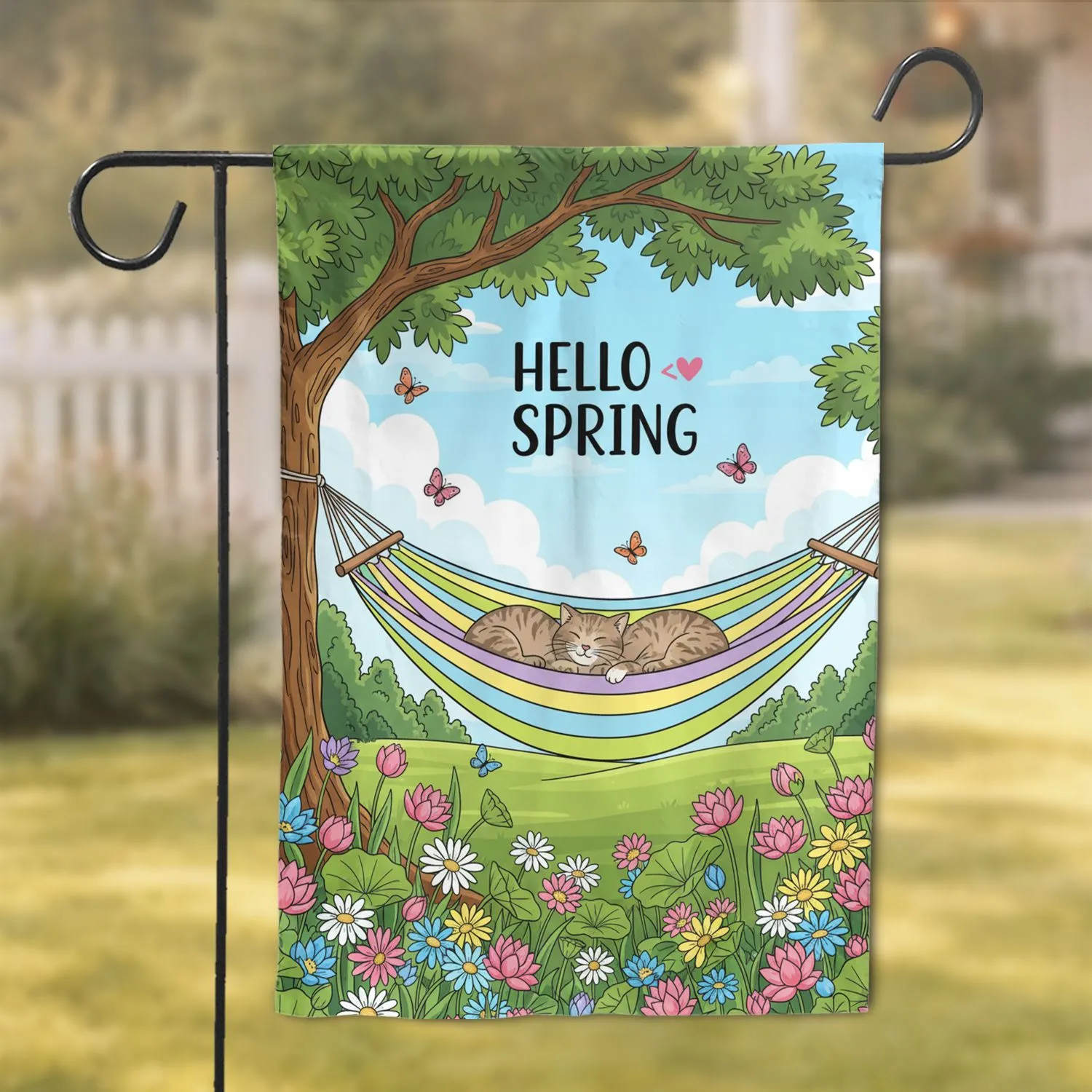 Tabby Cats Napping Hammock Spring Flowers 'Hello Spring' - Spring Home Decor Cat Lover Gift Garden Flag - 1
