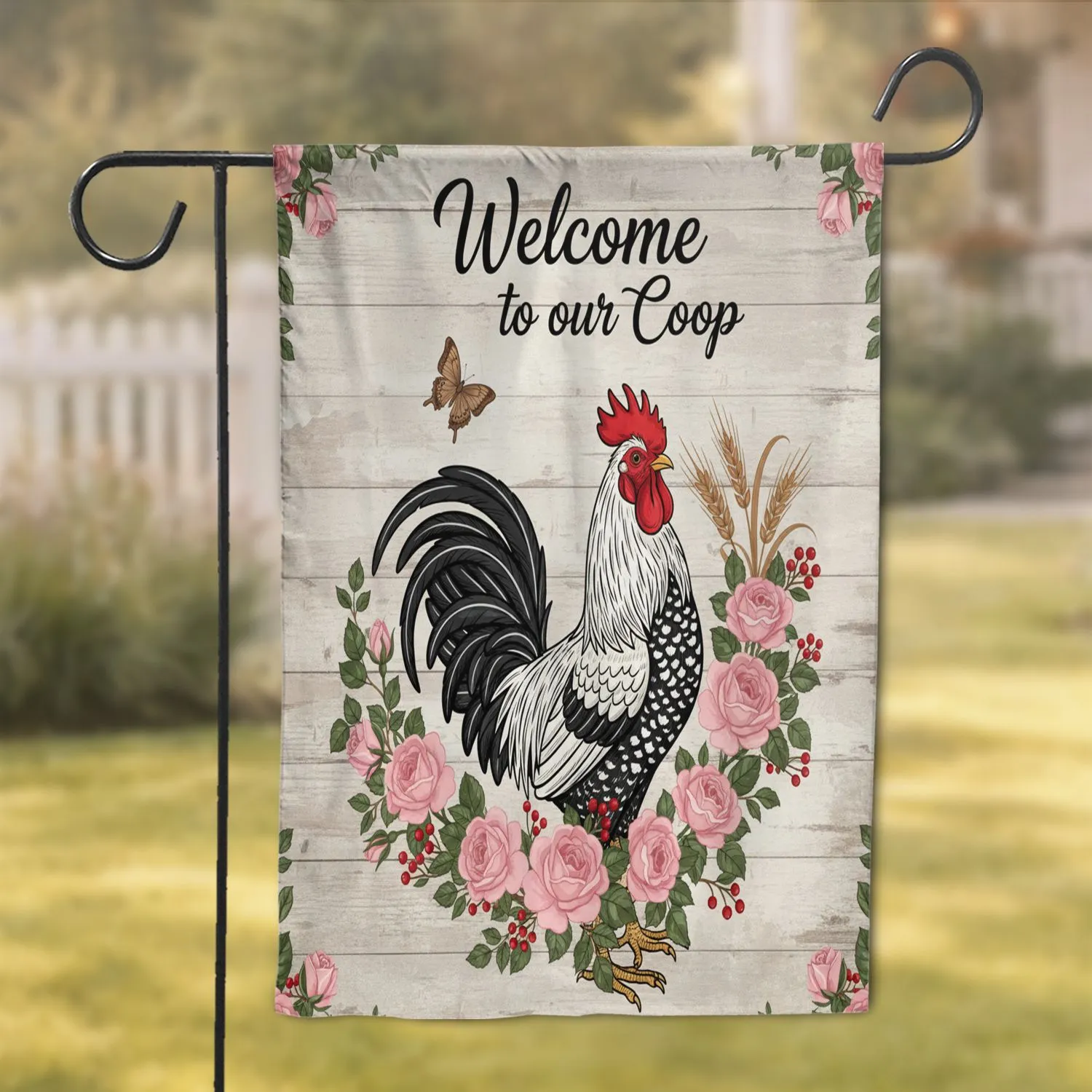 Speckled Rooster Welcome to Our Coop Pink Rose Weathered Wood Farmhouse Home Decor Garden Flag - 1