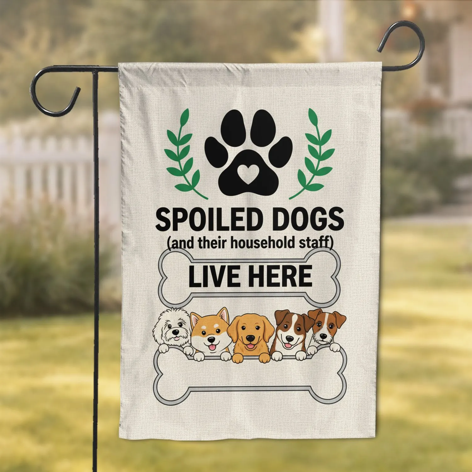 Spoiled Dogs Live Here Paw Print Bone & Cartoon Dogs - Home Decor Gift Garden Flag - 1
