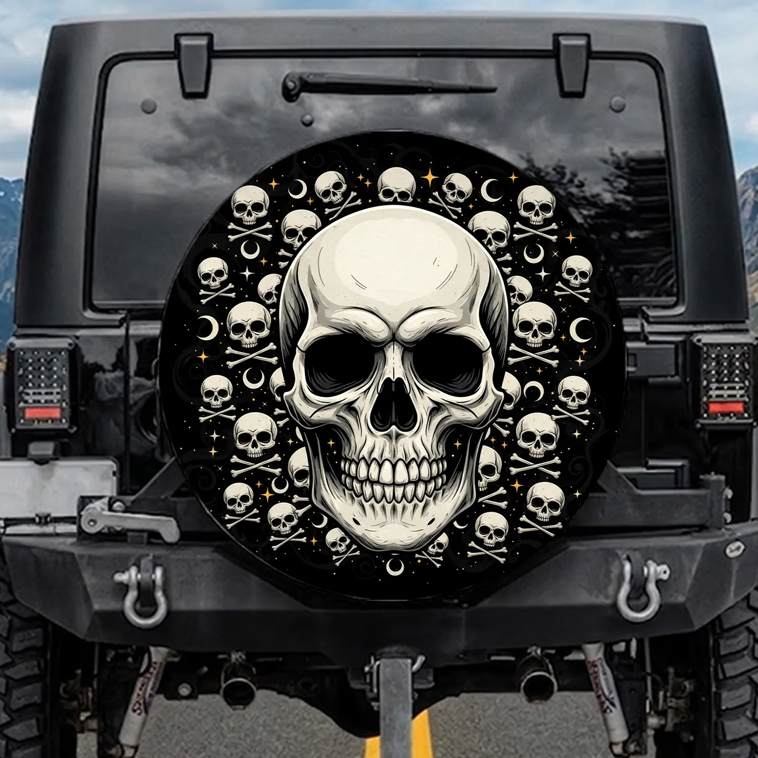 Gothic Human Skull Crossbones Stars Moon Black Night Sky - Dark Aesthetic Gift Spare Tire Cover - 1