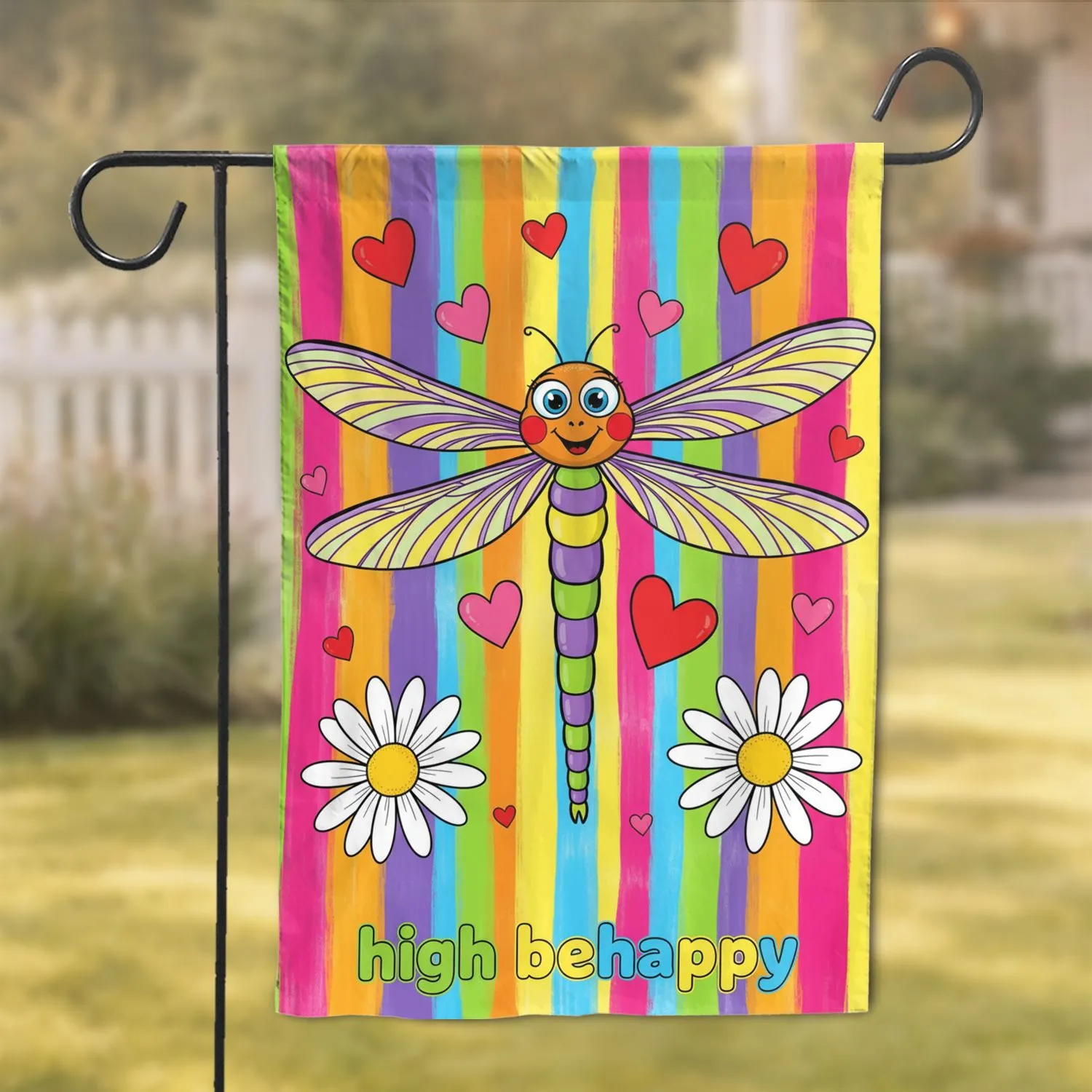 Cartoon Dragonfly Daisy Hearts 'high behappy' - Home Decor Gift Garden Flag - 1