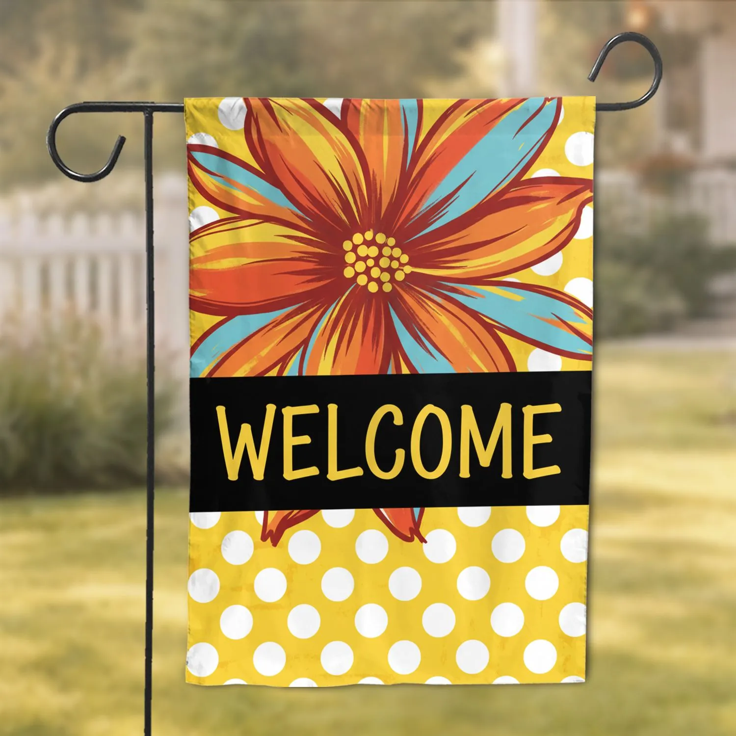 Orange Red Blue Swirled Flower Welcome Yellow Polka Dot - Home Entry Decor Garden Flag - 1