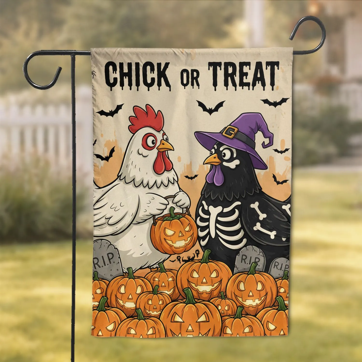 Chick Or Treat Halloween Chickens Jack-o'-Lanterns Gravestones Home Decor Garden Flag - 1