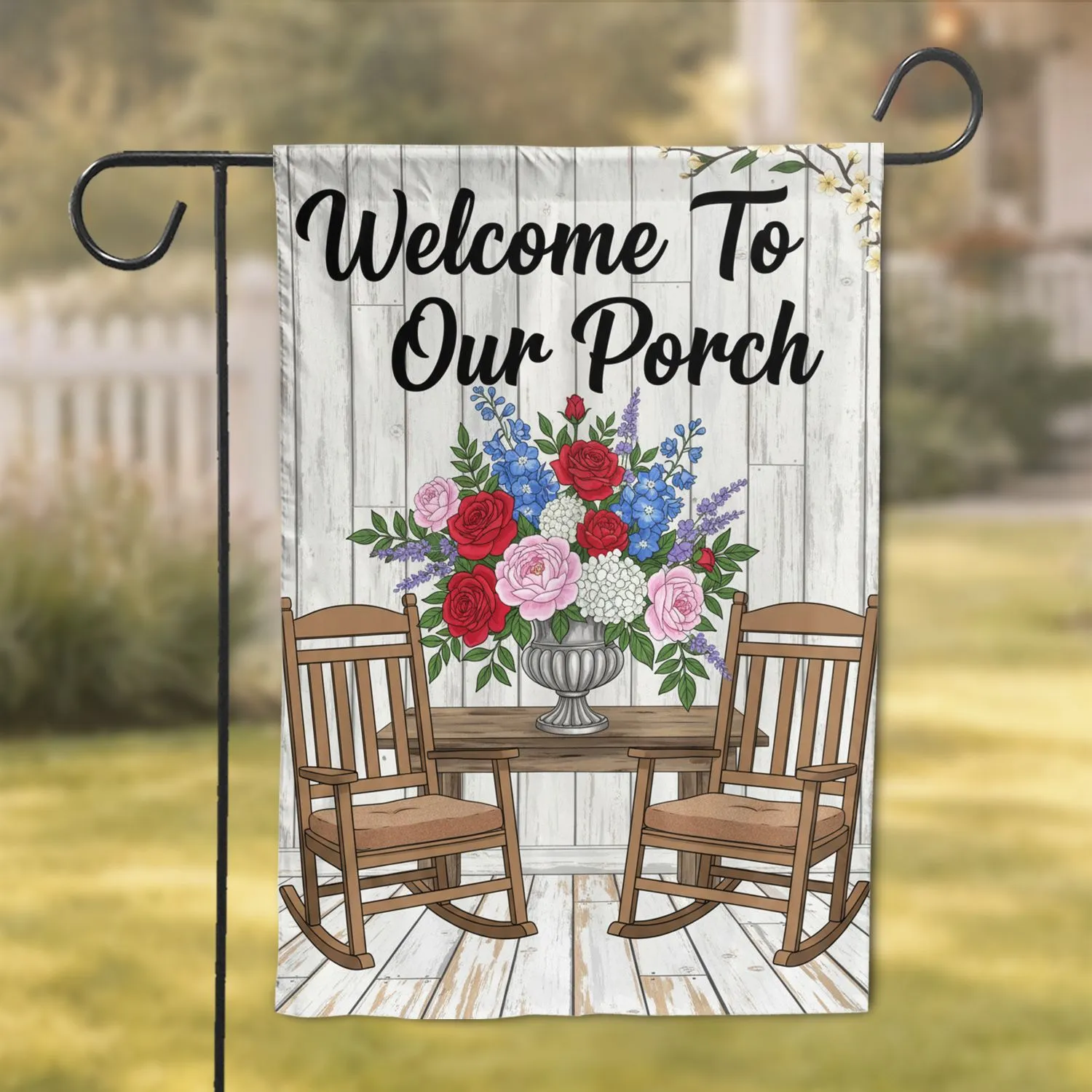 Rocking Chairs Porch Floral Welcome Sign - Rustic Home Decor Gift Garden Flag - 1