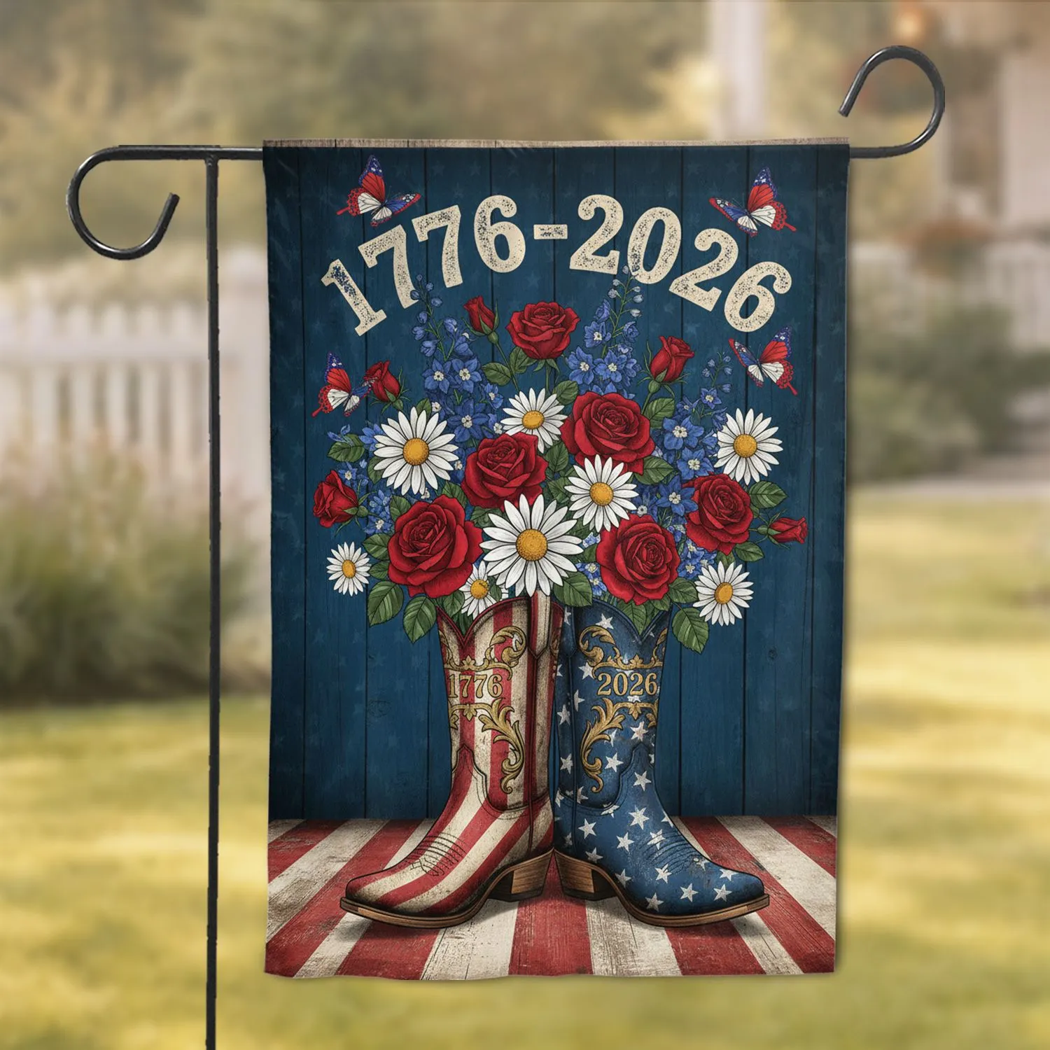 Rustic Cowboy Boots Patriotic 250th Anniversary - Independence Day Home Decor Garden Flag - 1