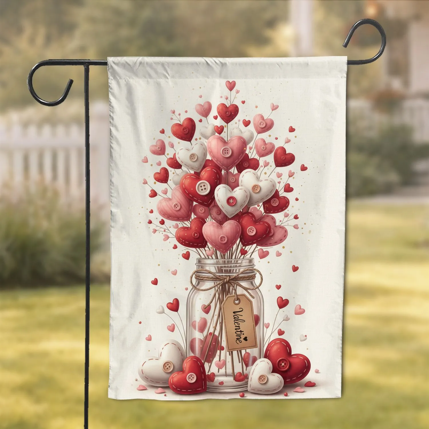 Overflowing Glass Mason Jar Plush Heart Bouquet Valentine Tag - Valentine's Day Gift Garden Flag - 1