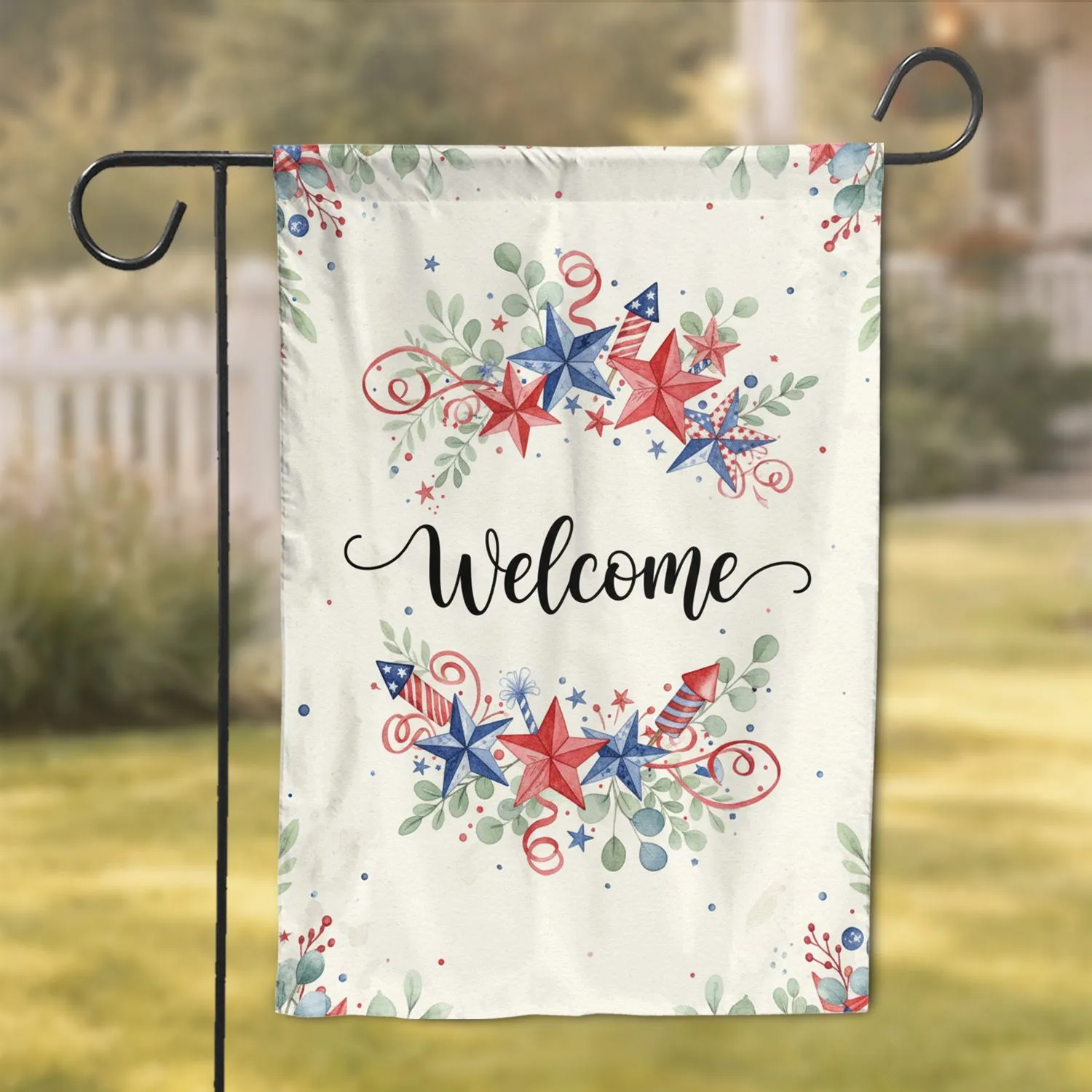 Welcome Patriotic Stars Firecrackers Ribbons Foliage - Fourth of July Celebrations Garden Flag - 1