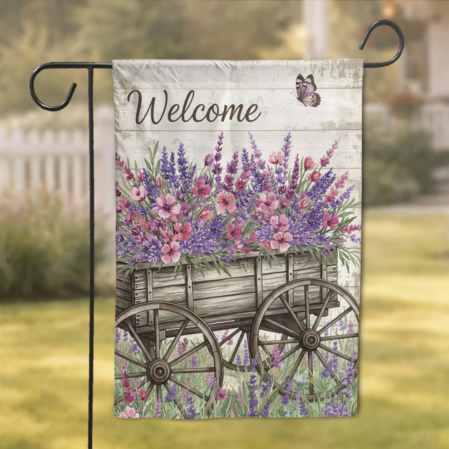 Welcome Wildflower Wagon Butterfly Farmhouse Home Decor Gift Garden Flag - 1