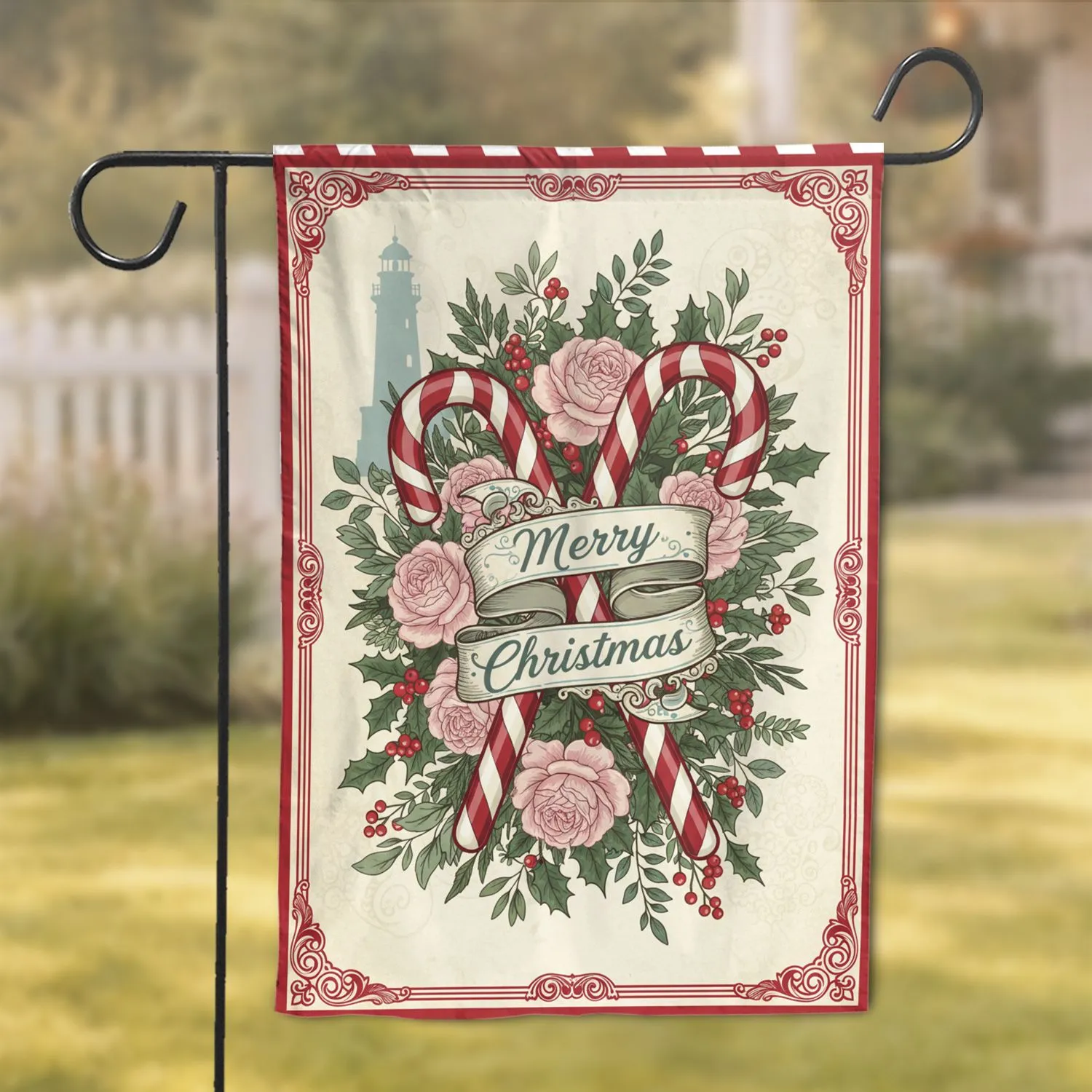 Striped Candy Canes Merry Christmas Roses Holly Scrollwork - Christmas Decor Garden Flag - 1