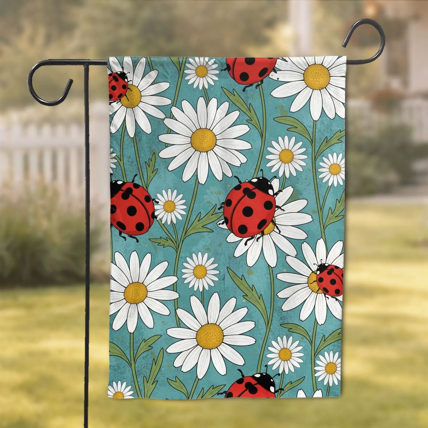 Three Red Ladybugs White Daisy Blooms - Rustic Garden Outdoor Home Decor Gift Garden Flag - 1