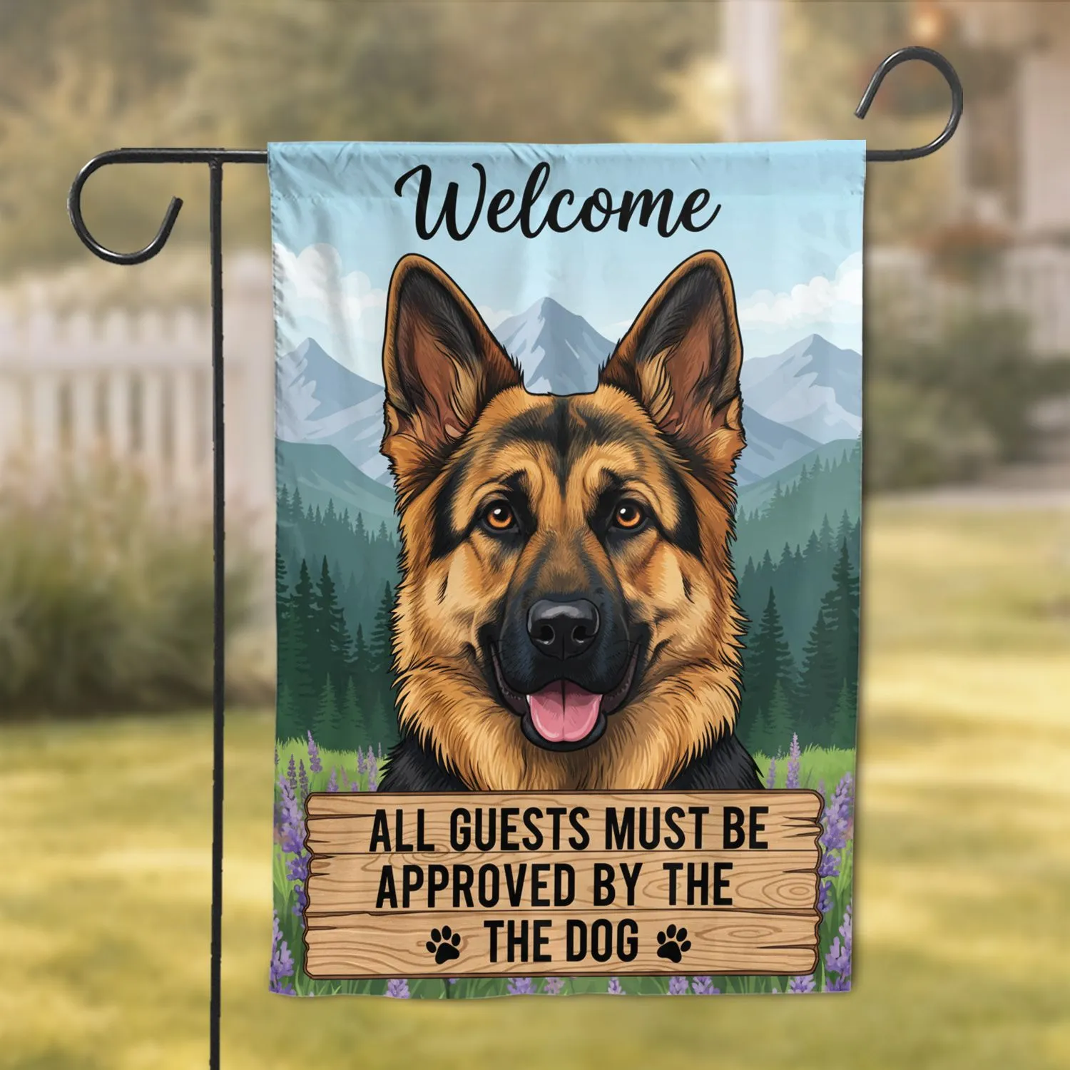 German Shepherd Welcome Sign Funny Dog Rule - Rustic Mountain Landscape Home Decor Gift Garden Flag - 1