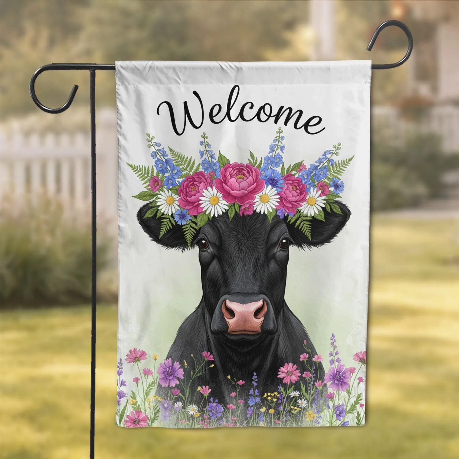 Black Cow Welcome Flower Crown Portrait - Farmhouse Home Decor Gift for Cow Lover Garden Flag - 1