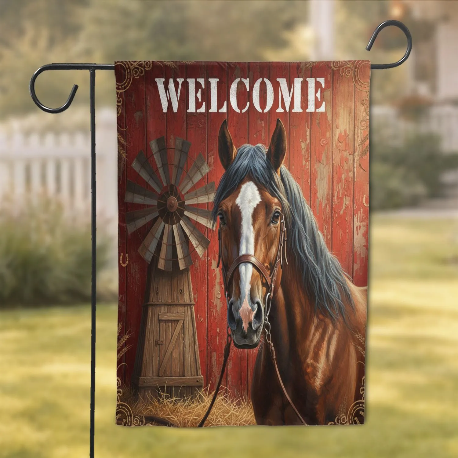 Brown Horse Welcome Windmill - Farmhouse Home Decor Gift for Horse Lover Garden Flag - 1