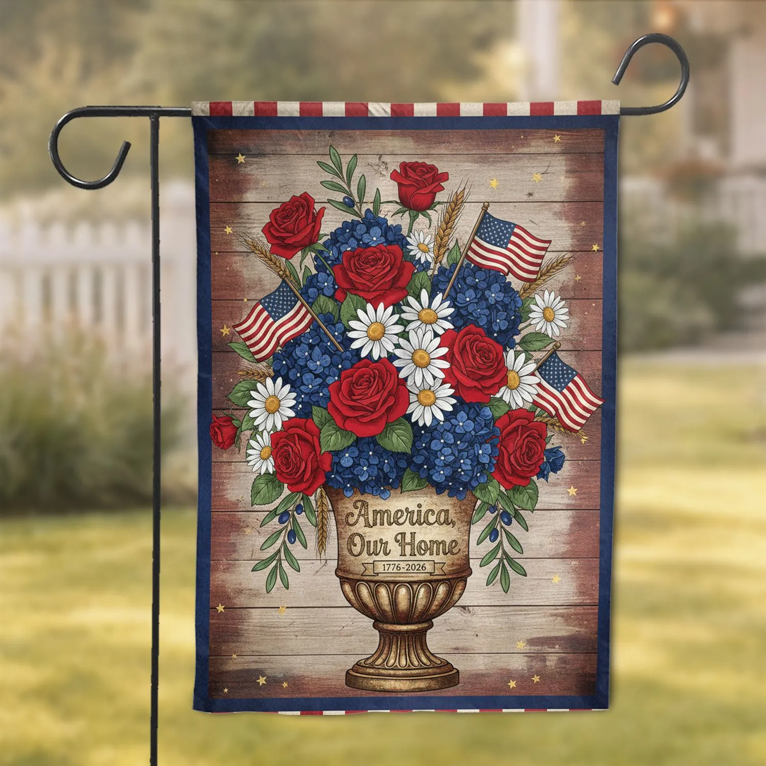 America Our Home Urn Floral - 250th Anniversary Independence Day Gift for Veterans Garden Flag - 1