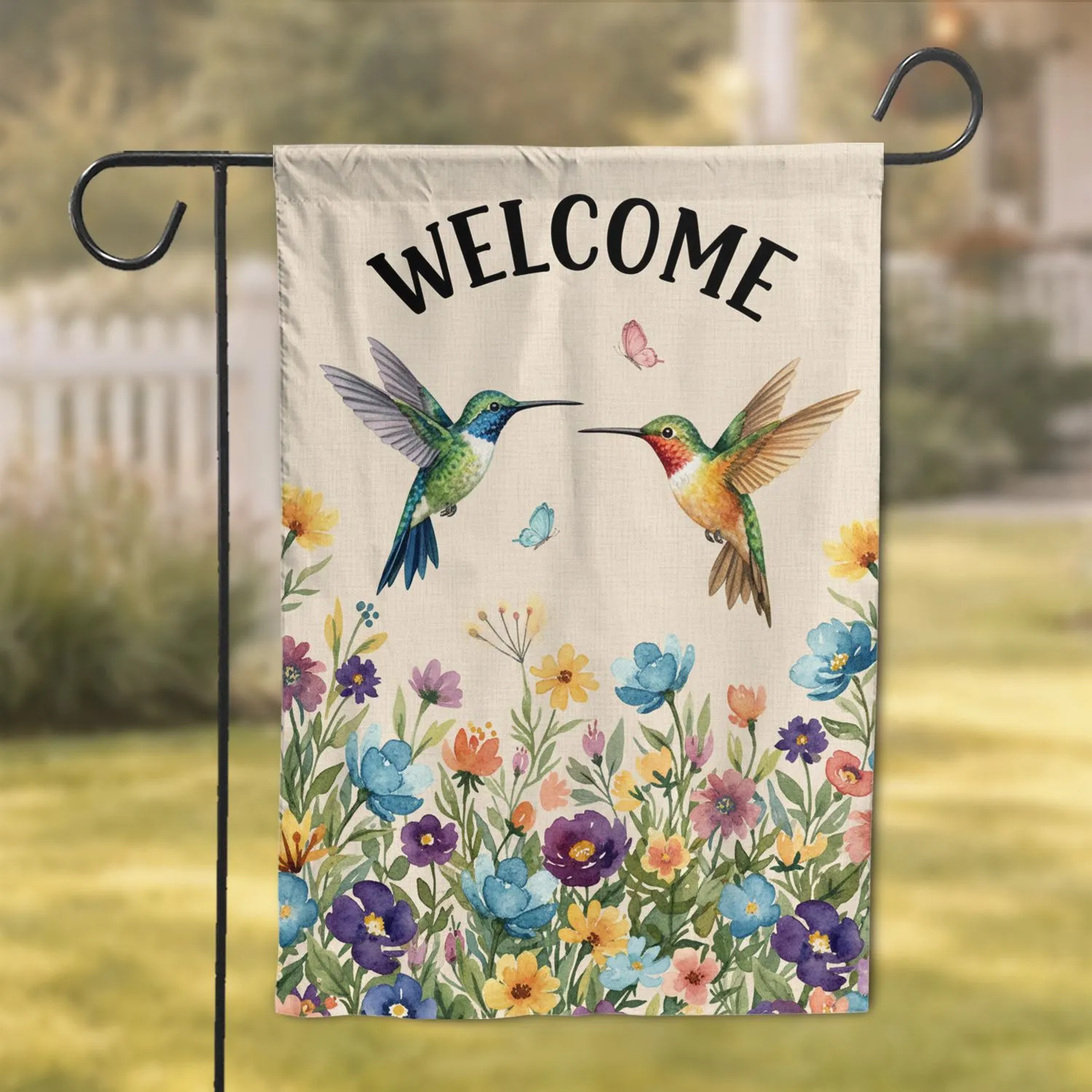 Welcome Hummingbirds Butterflies Blooming Floral - Everyday Home Garden Decor Accents Garden Flag - 1