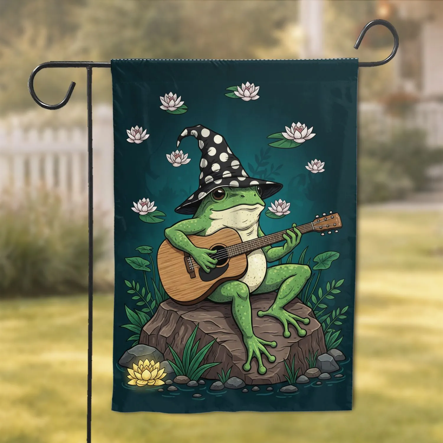 Green Frog Wizard Hat Guitar Water Lilies Pond Swamp Plants - Outdoor Patio Home Decor Gift Garden Flag - 1
