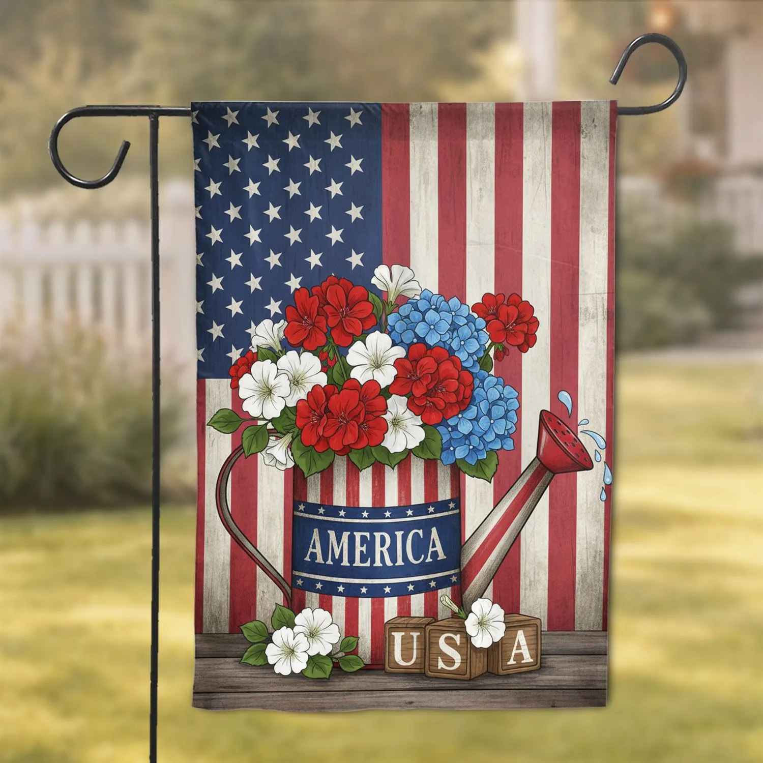 Rustic American Flag Watering Can Geraniums Petunias - Independence Day Decor Gift Garden Flag - 1