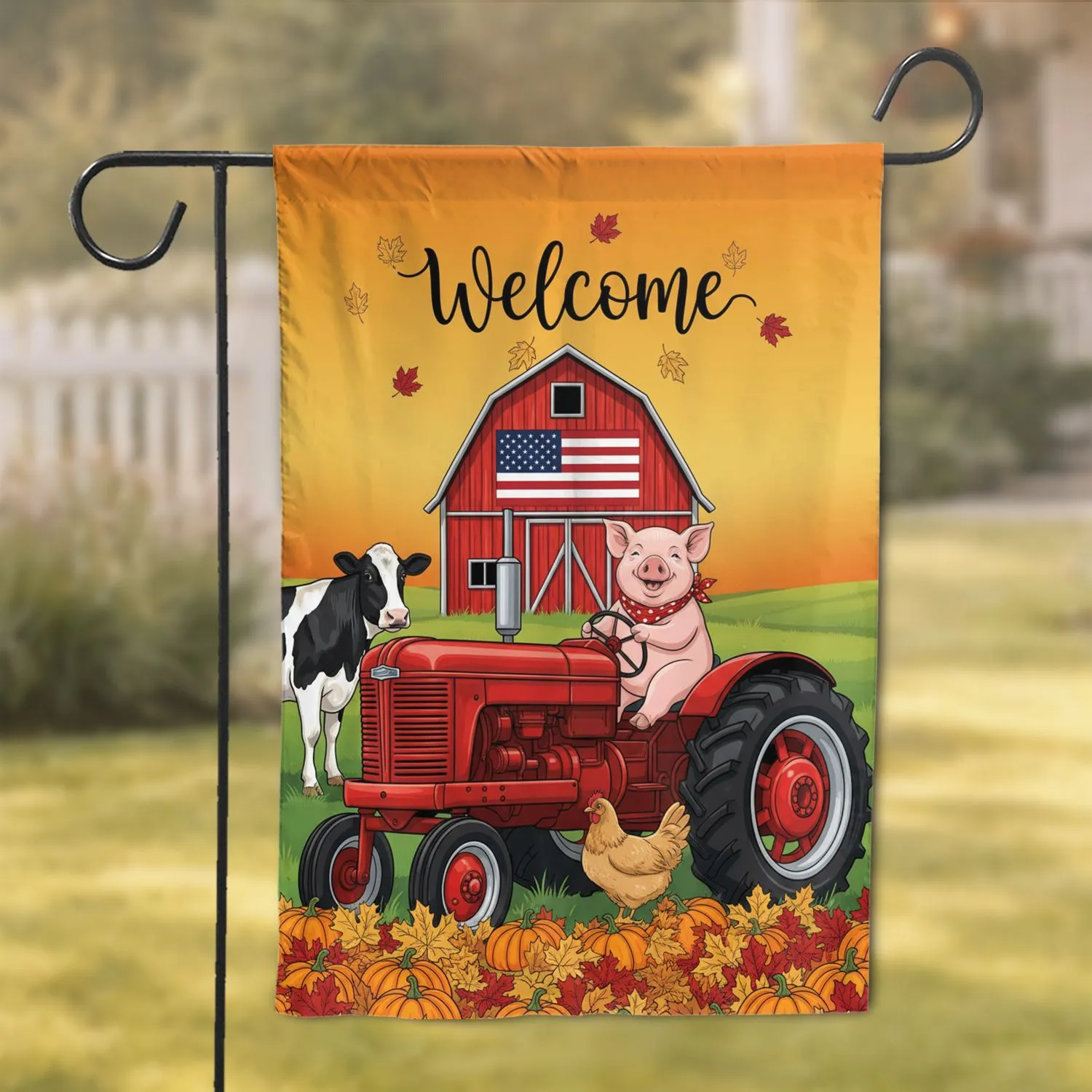 Welcome Cow Pig Tractor American Barn Autumn Farmhouse Decor Garden Flag - 1