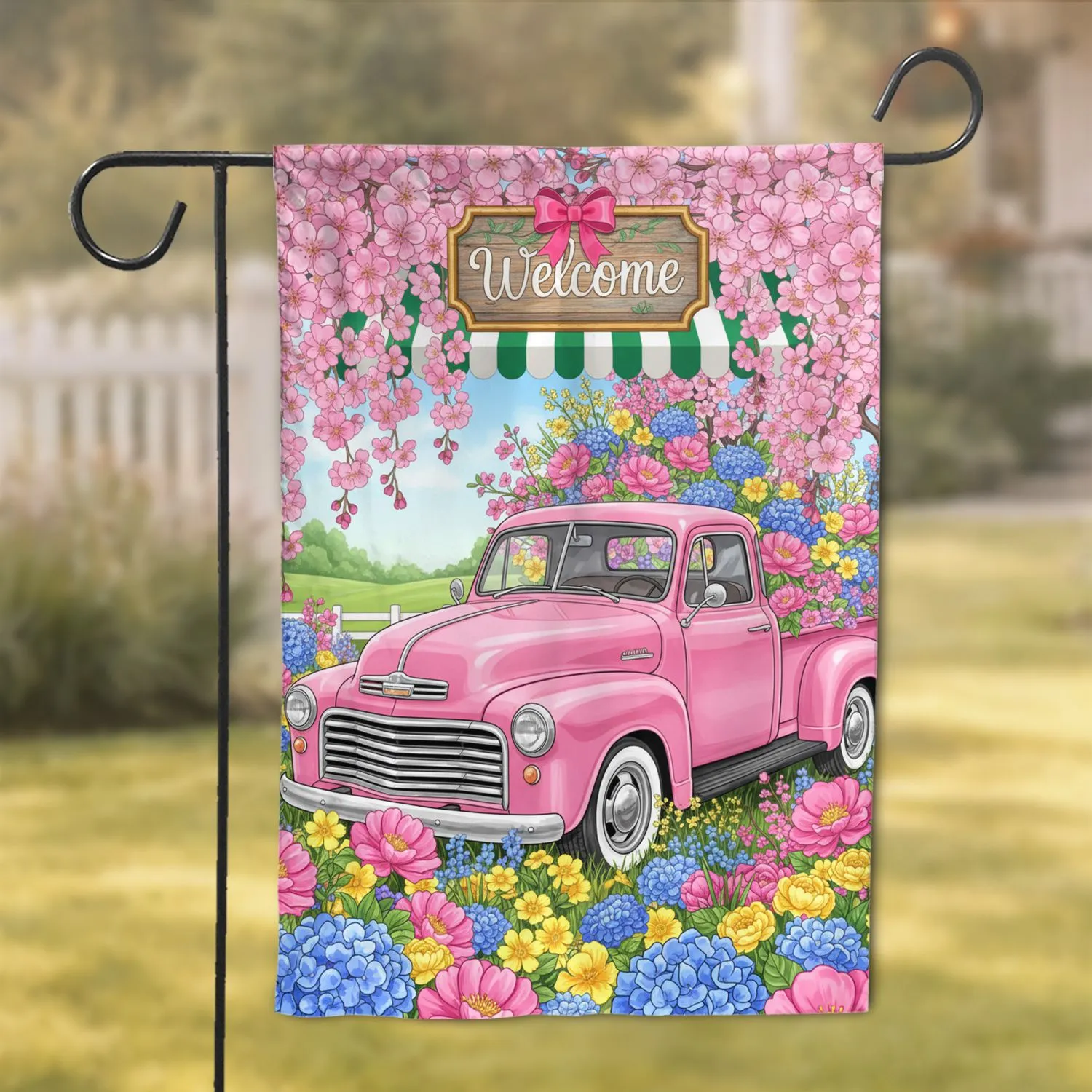 Vintage Pink Pickup Truck Spring Floral Welcome Sign - Farmhouse Decor Gift Garden Flag - 1