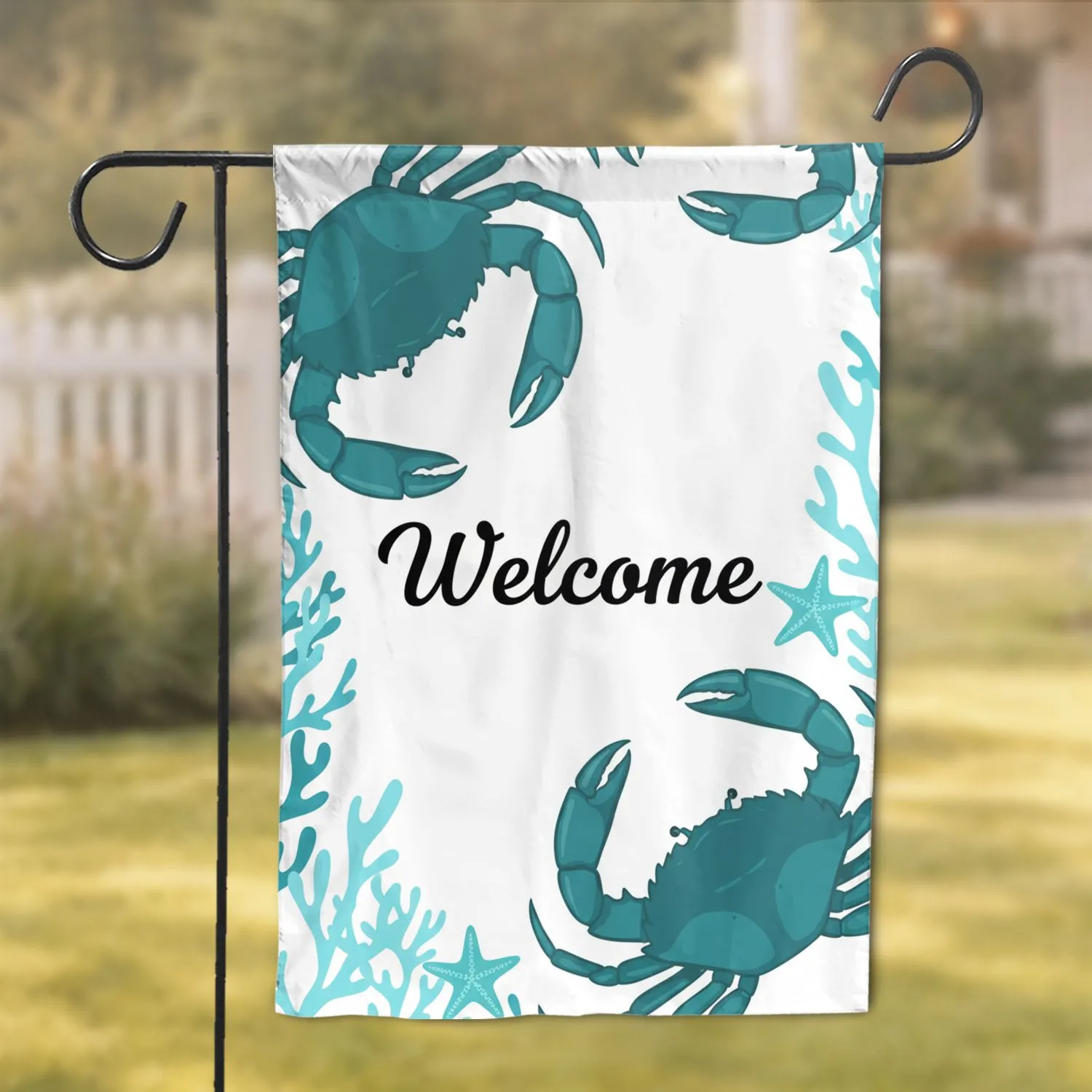 Deep Teal Crab Welcome Starfish Seaweed Scene - Coastal Beach House Decor Gift Garden Flag - 1