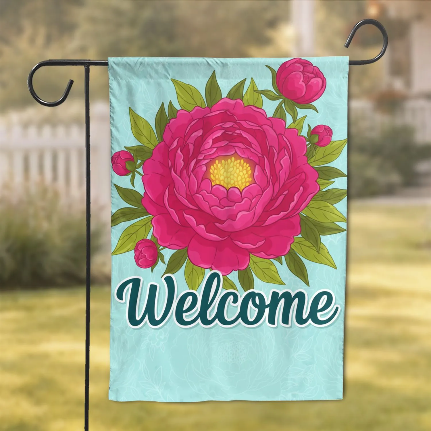 Fuchsia Pink Peony Golden Center Welcome Teal Script Aqua Floral - Home Decor Gift Garden Flag - 1