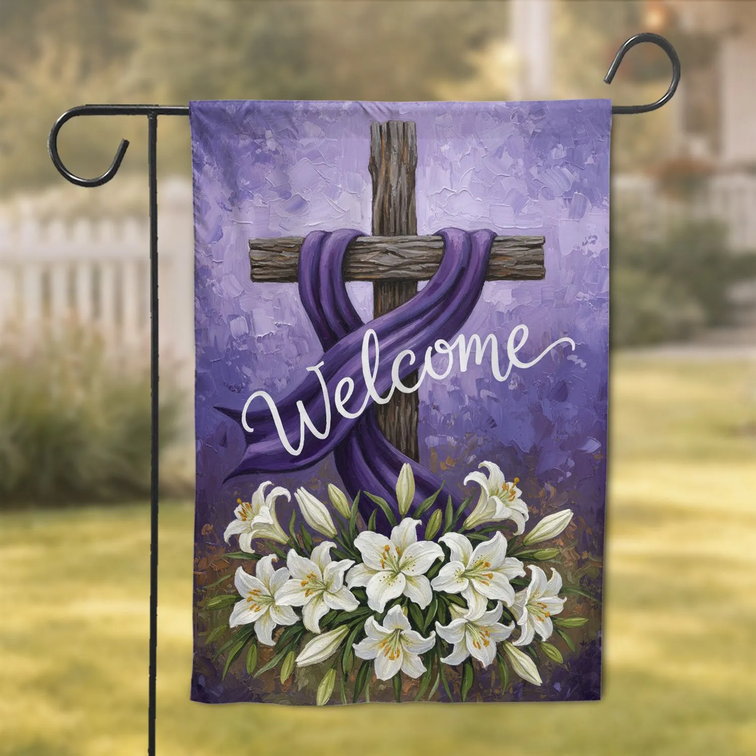Welcome" Purple Ribbon Rugged Wooden Cross White Easter Lilies - Home Decor Gift Garden Flag - 1