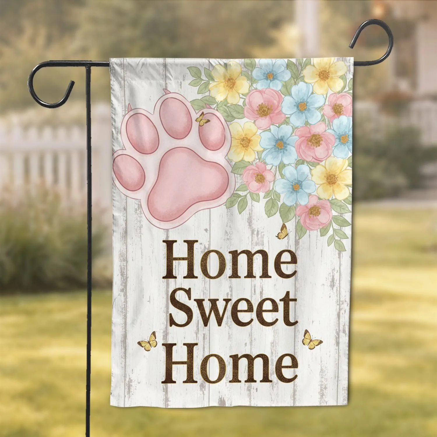Paw Print Home Sweet Home Flowers Butterflies - Farmhouse Home Decor Gift Garden Flag - 1