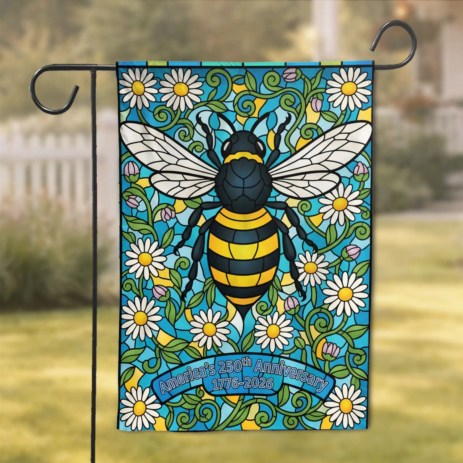 Yellow Black Bumblebee Floral Stained Glass - Nature Lover Garden Decor Gift Garden Flag - 1
