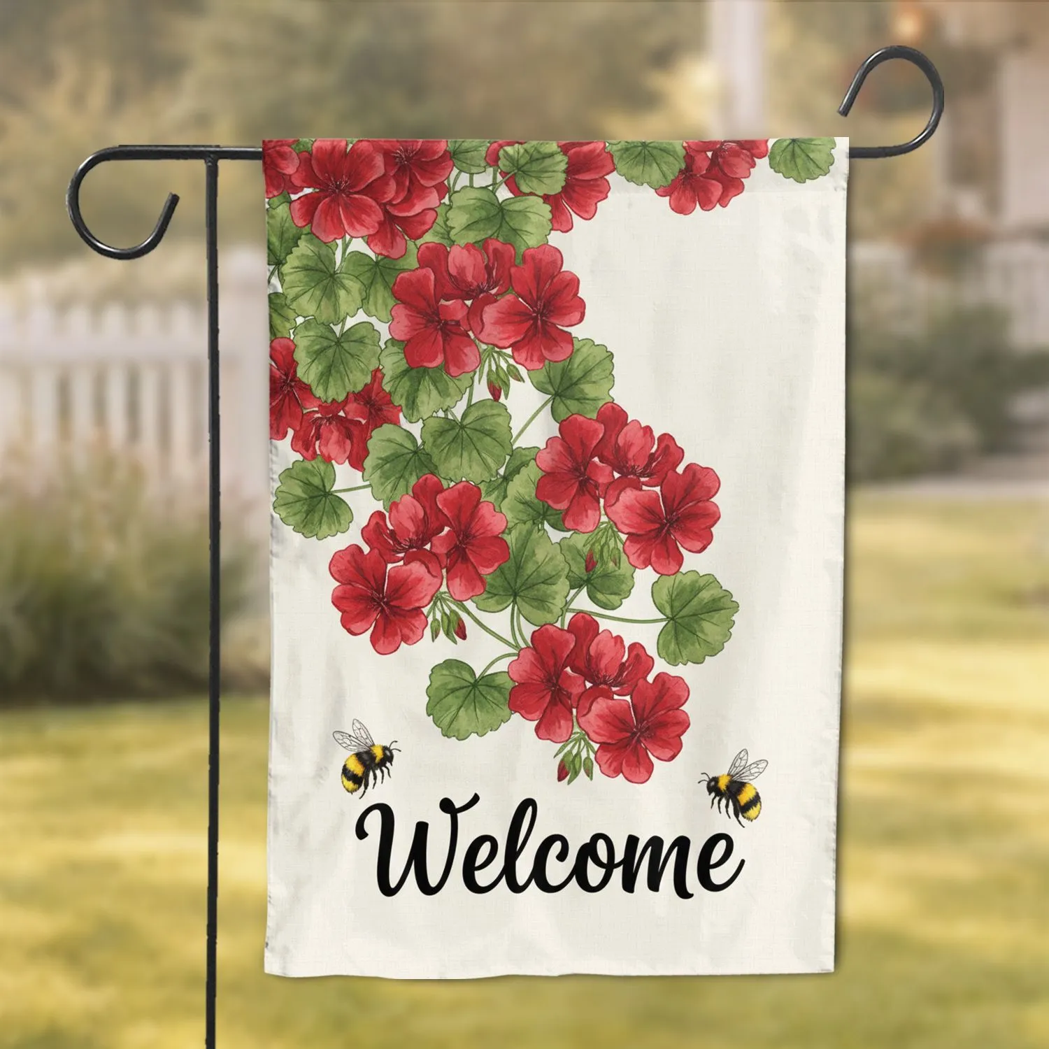 Geranium Bumblebee Flowers Welcome Script - Home Decor Everyday Gift Garden Flag - 1