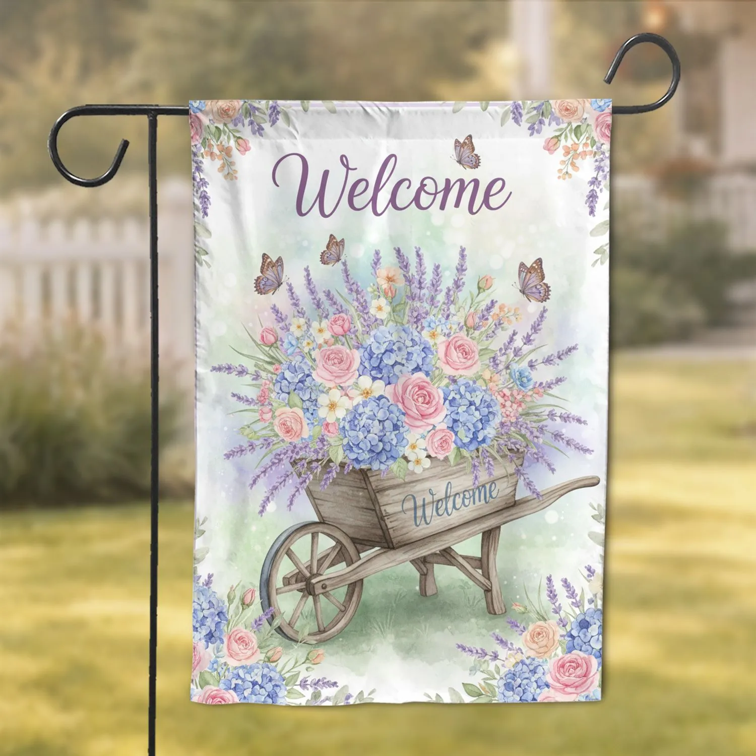 Welcome Floral Wheelbarrow Garden Butterflies - Farmhouse Home Decor Gift Garden Flag - 1